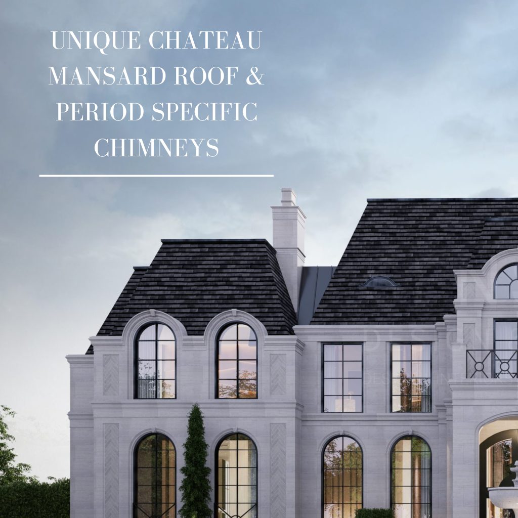 Mansard roof, tall stone chimneys and upper windows of the French estate
