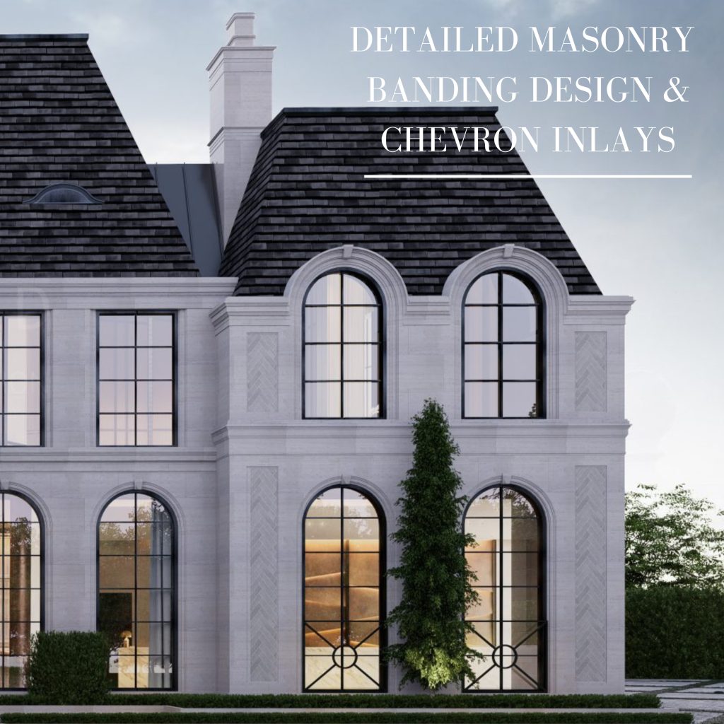 Arched windows, masonry bands and chevron stone inlays on the French estate facade