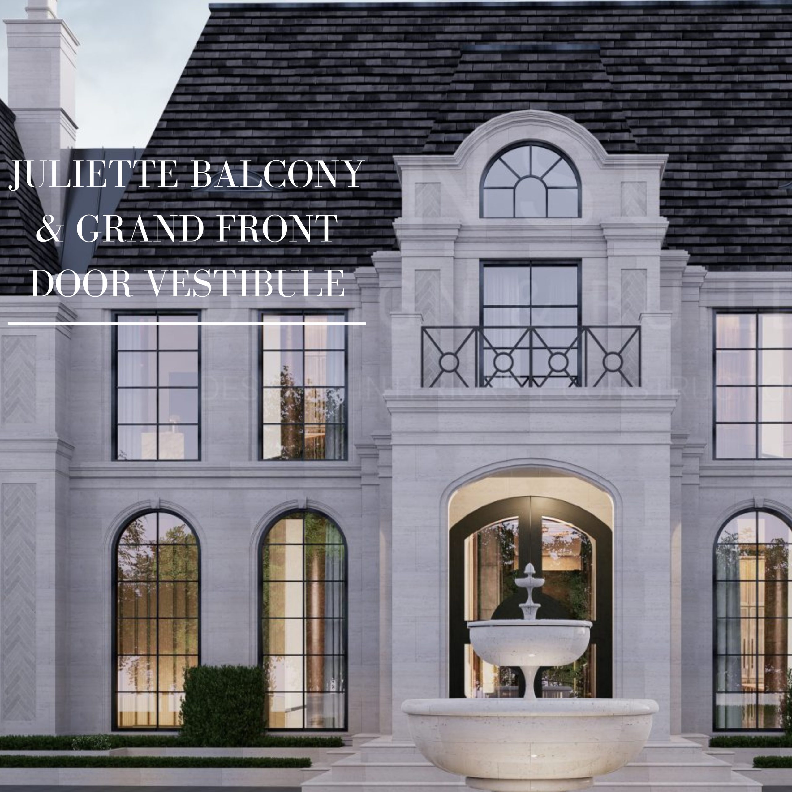 Stone entrance vestibule with an iron Juliet balcony and fountain in front