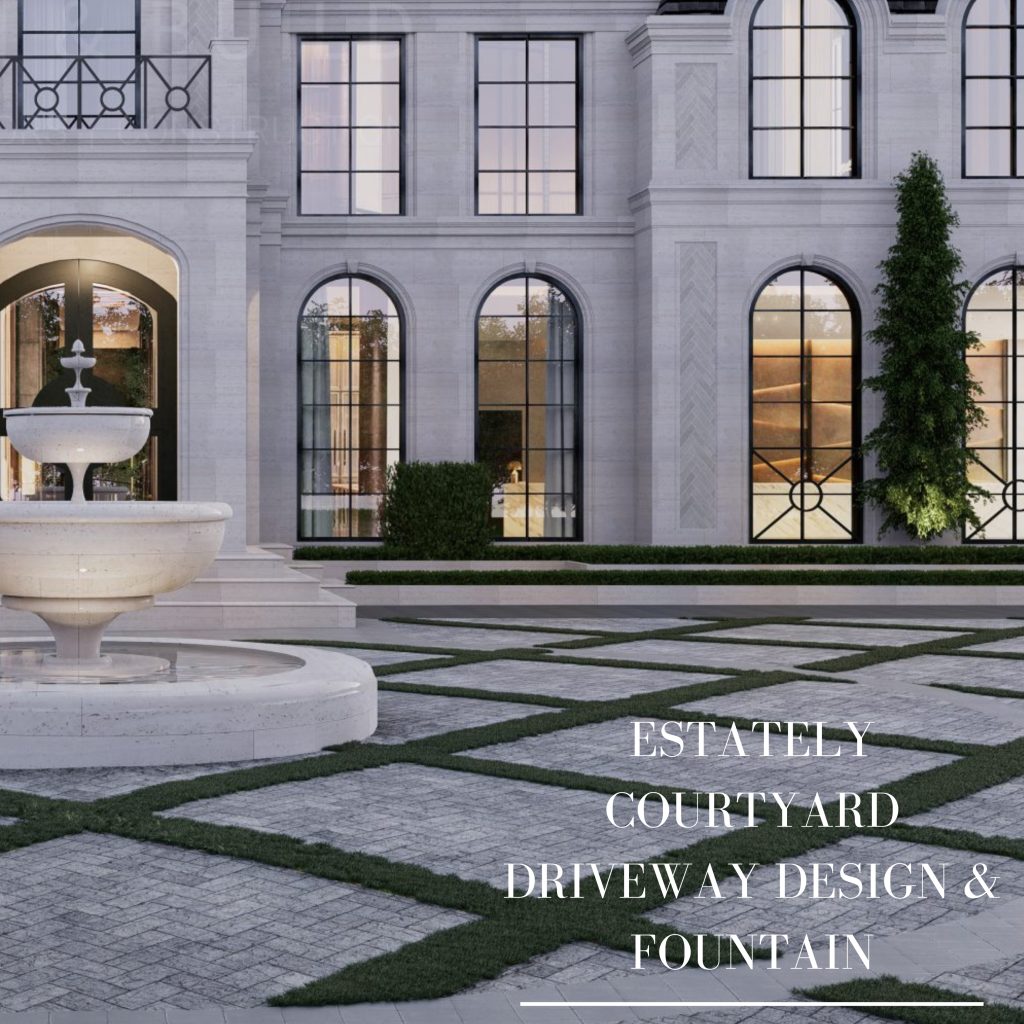 Formal forecourt with a central fountain and symmetrical paving and planting