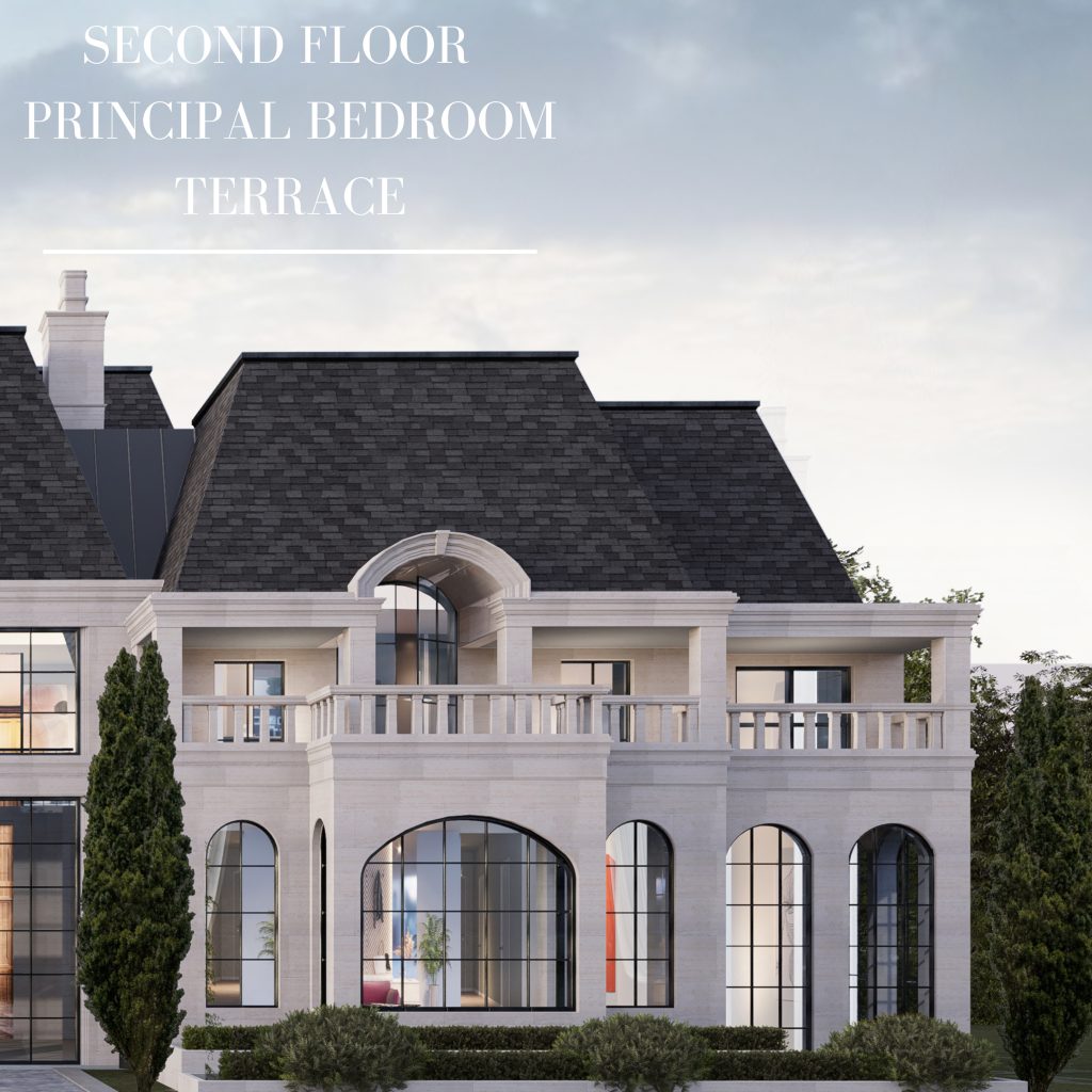 Principal bedroom terrace above the arched rear entrance of the French estate