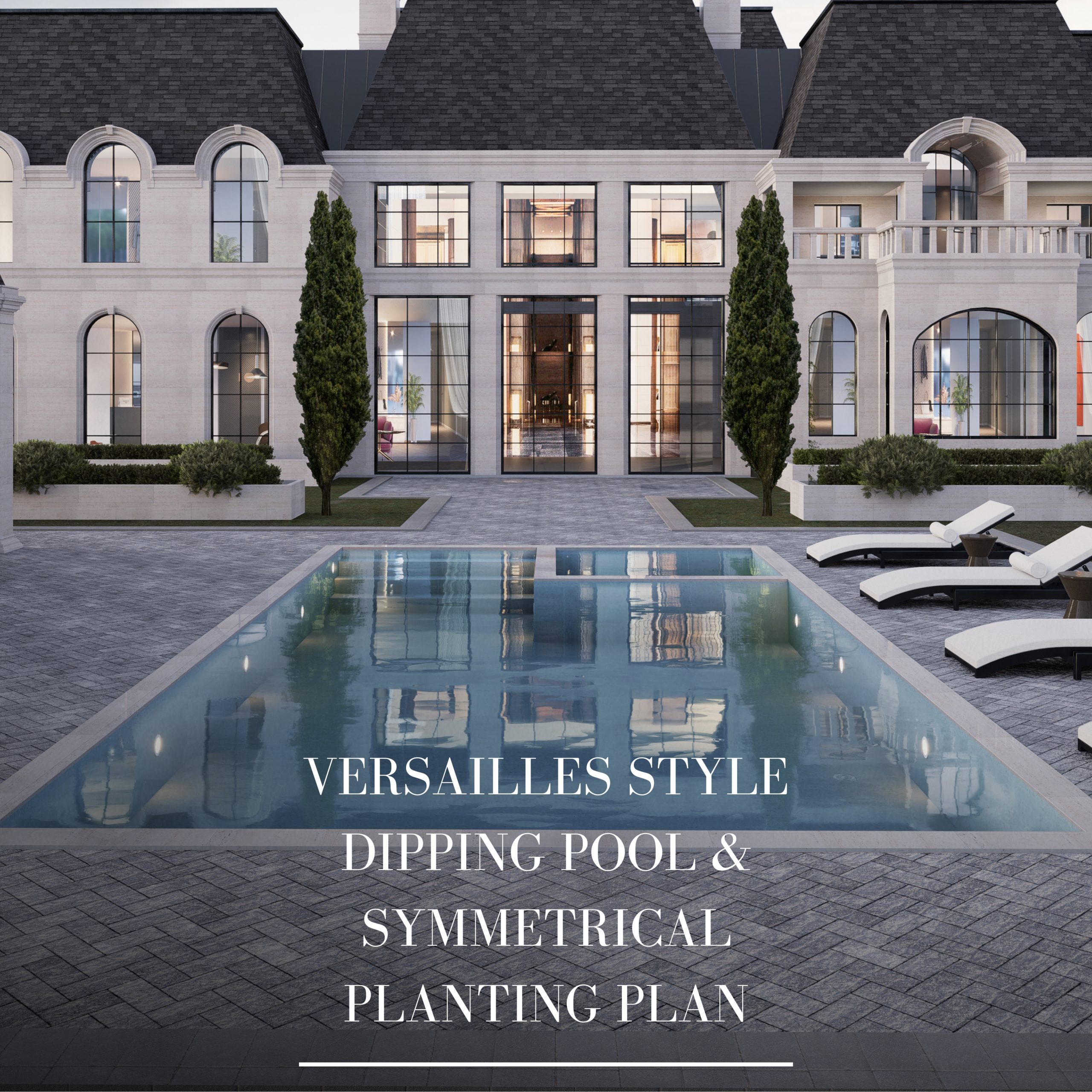 Symmetrical rear garden and reflecting pool facing the French estate