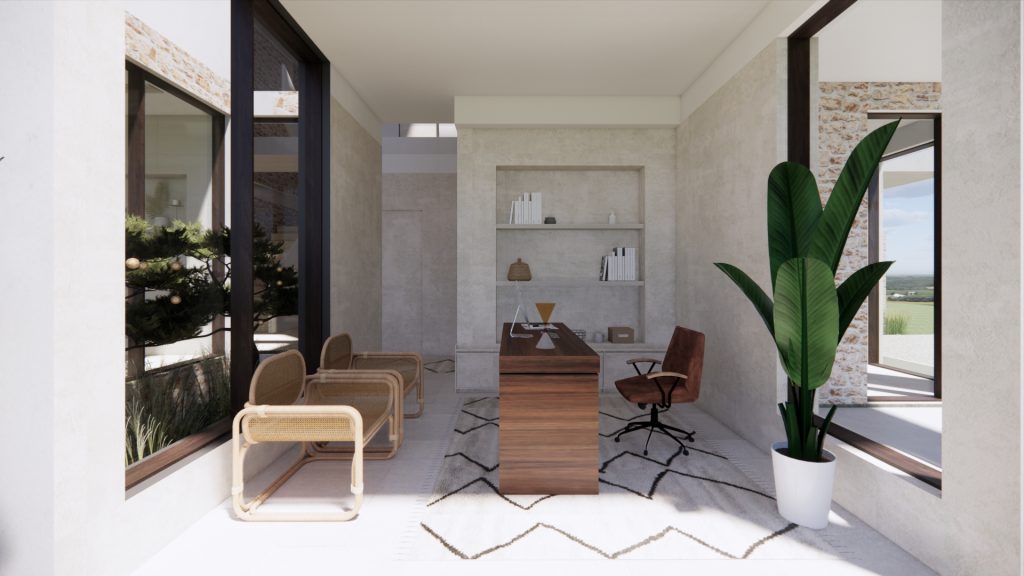 Home office with large corner windows, garden views and a tall indoor plant