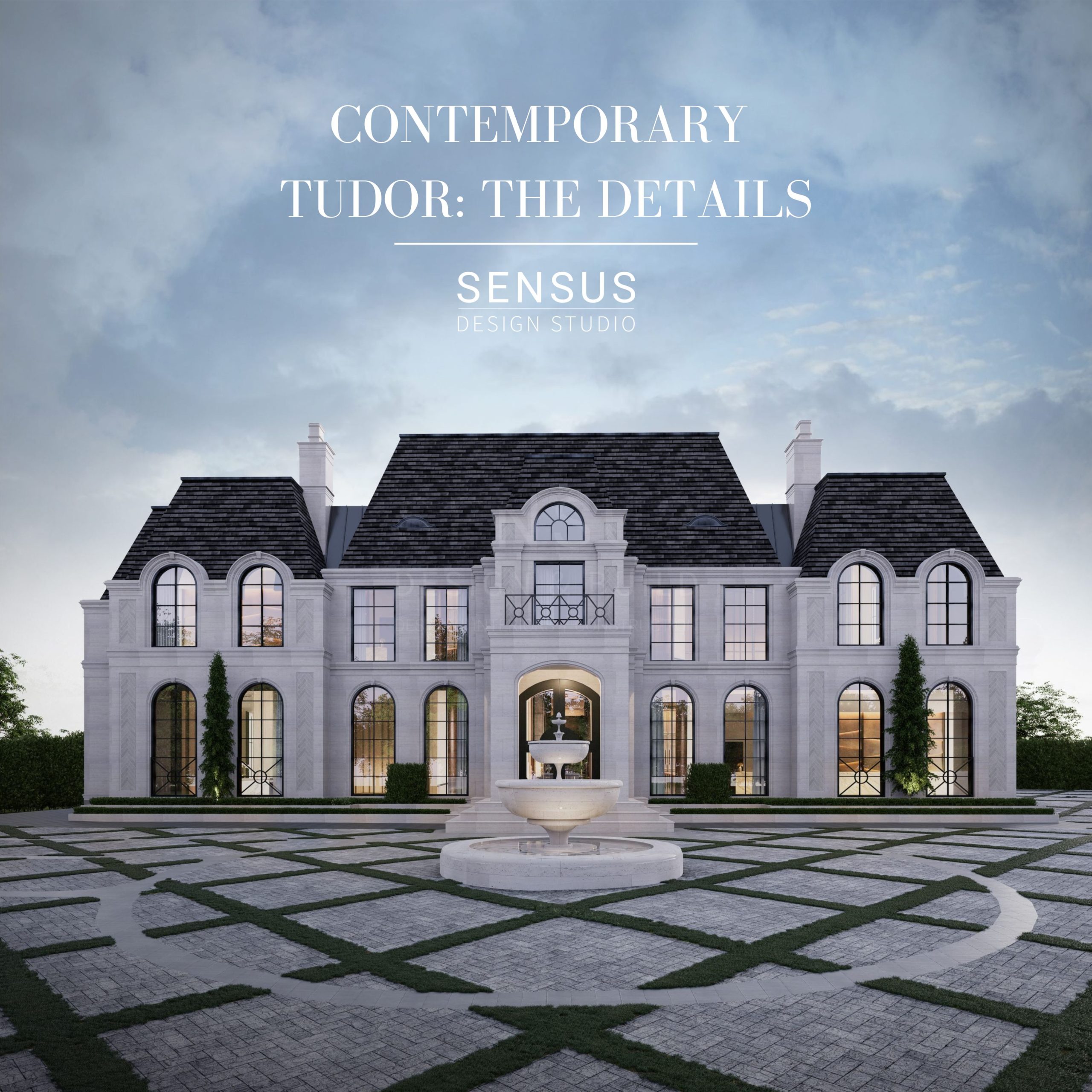 French estate rendering with a formal forecourt; the source cover is labelled Contemporary Tudor