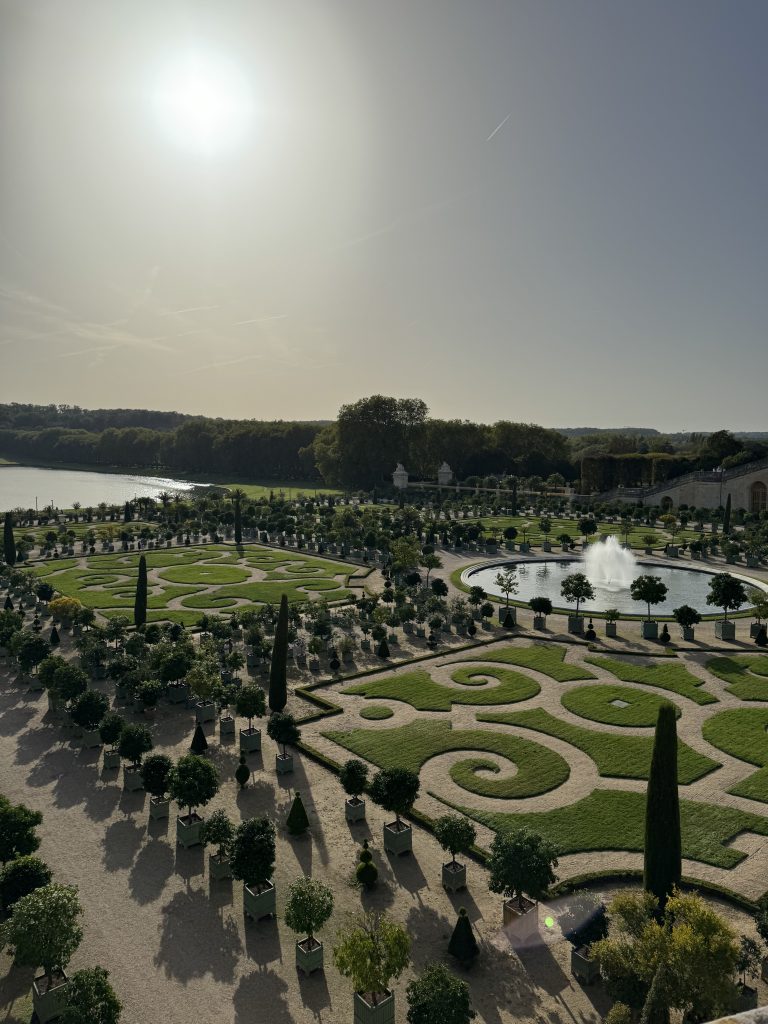 Formal parterres and rows of trees viewed from the palace terrace