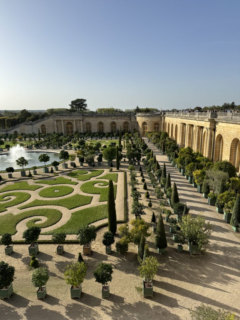 Curving parterre paths and clipped planting beside the palace