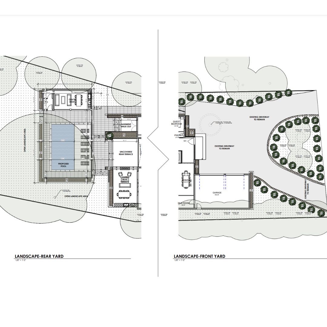 Exterior elevations and pool plan for the Japanese Prairie home
