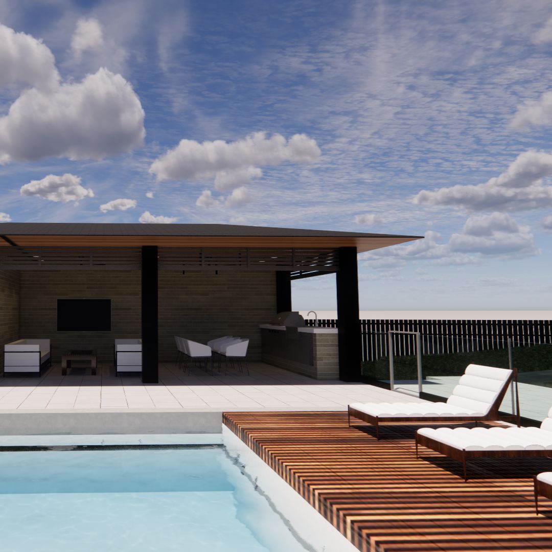 Pool house and terrace rendering beneath a cloudy sky