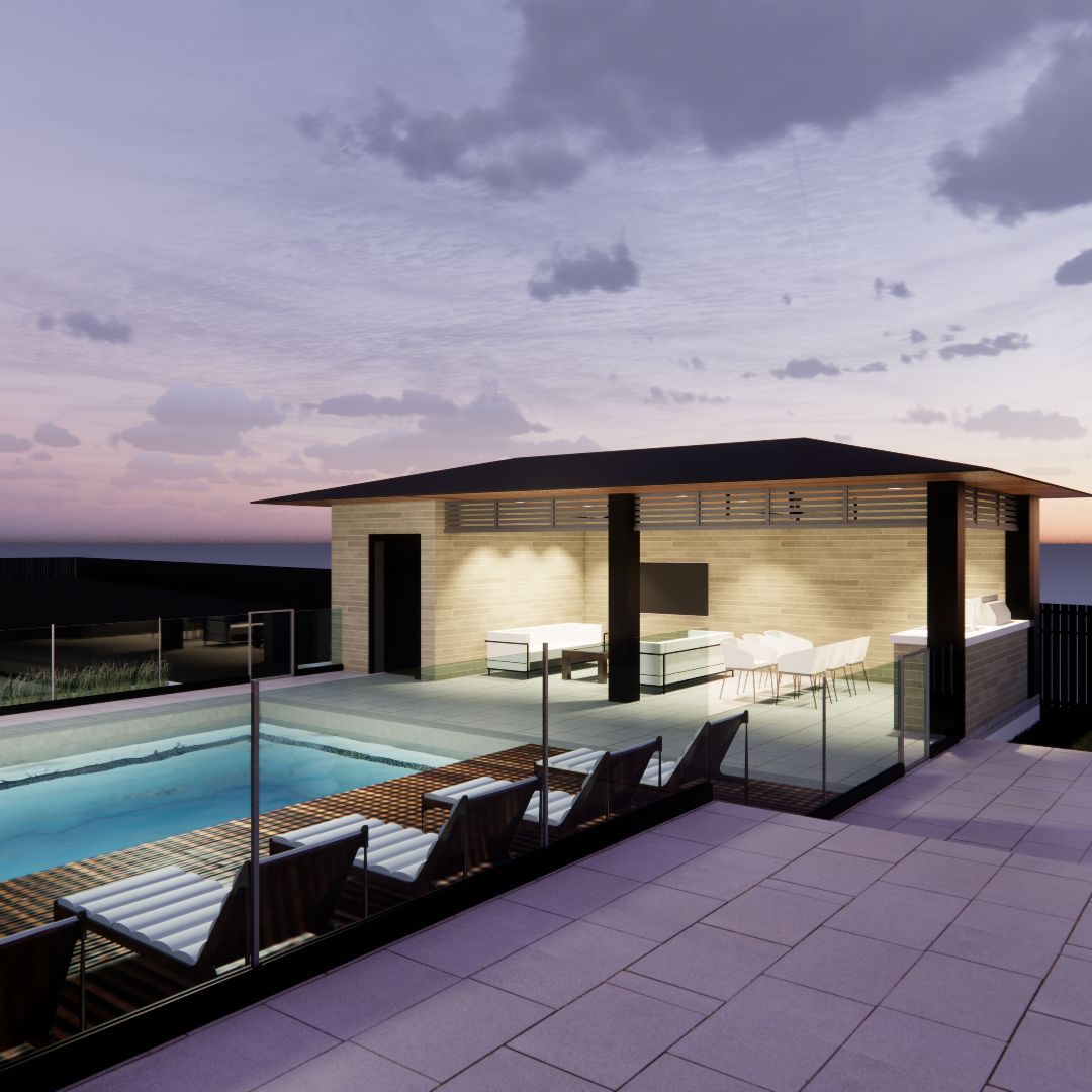 Covered outdoor living area beside the pool