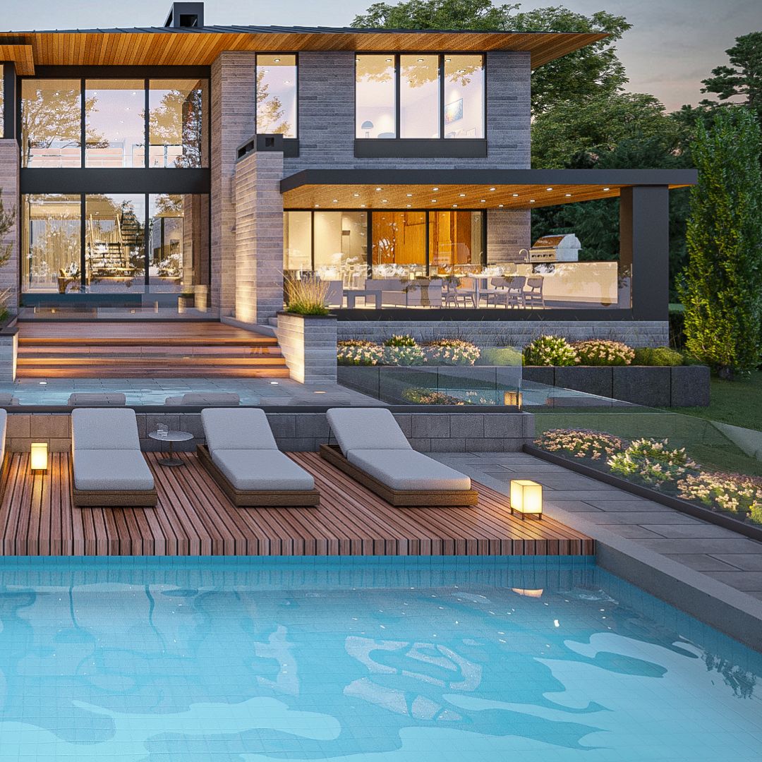 Illuminated rear facade and pool of the Japanese Prairie home