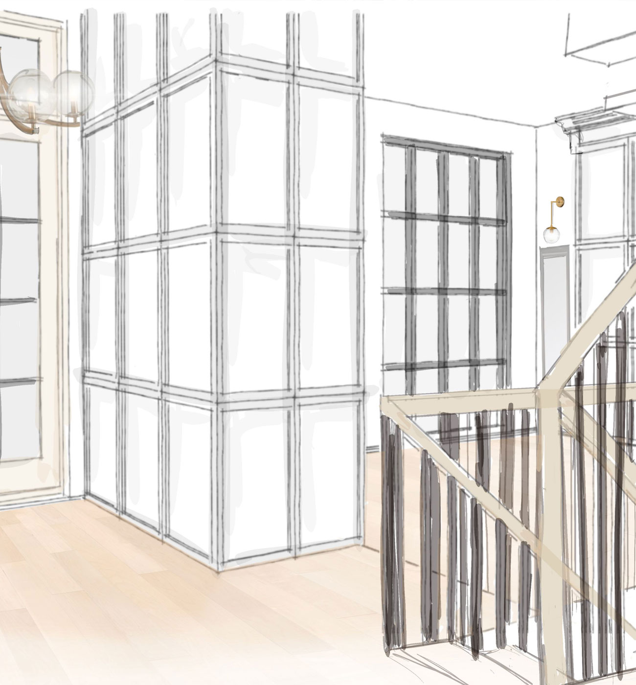 Double-height stair hall with tall windows