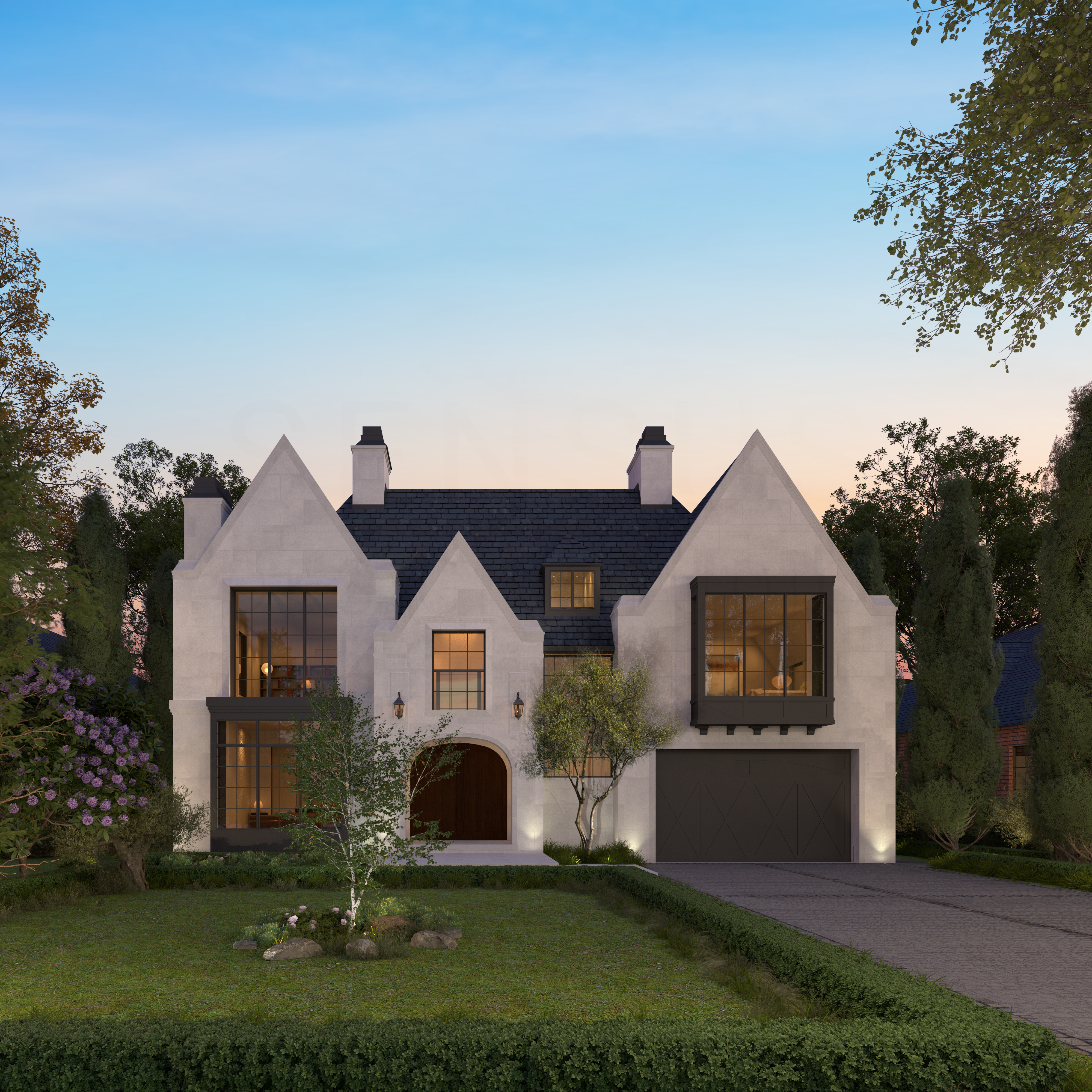Contemporary Tudor Revival with limestone walls and steep gables
