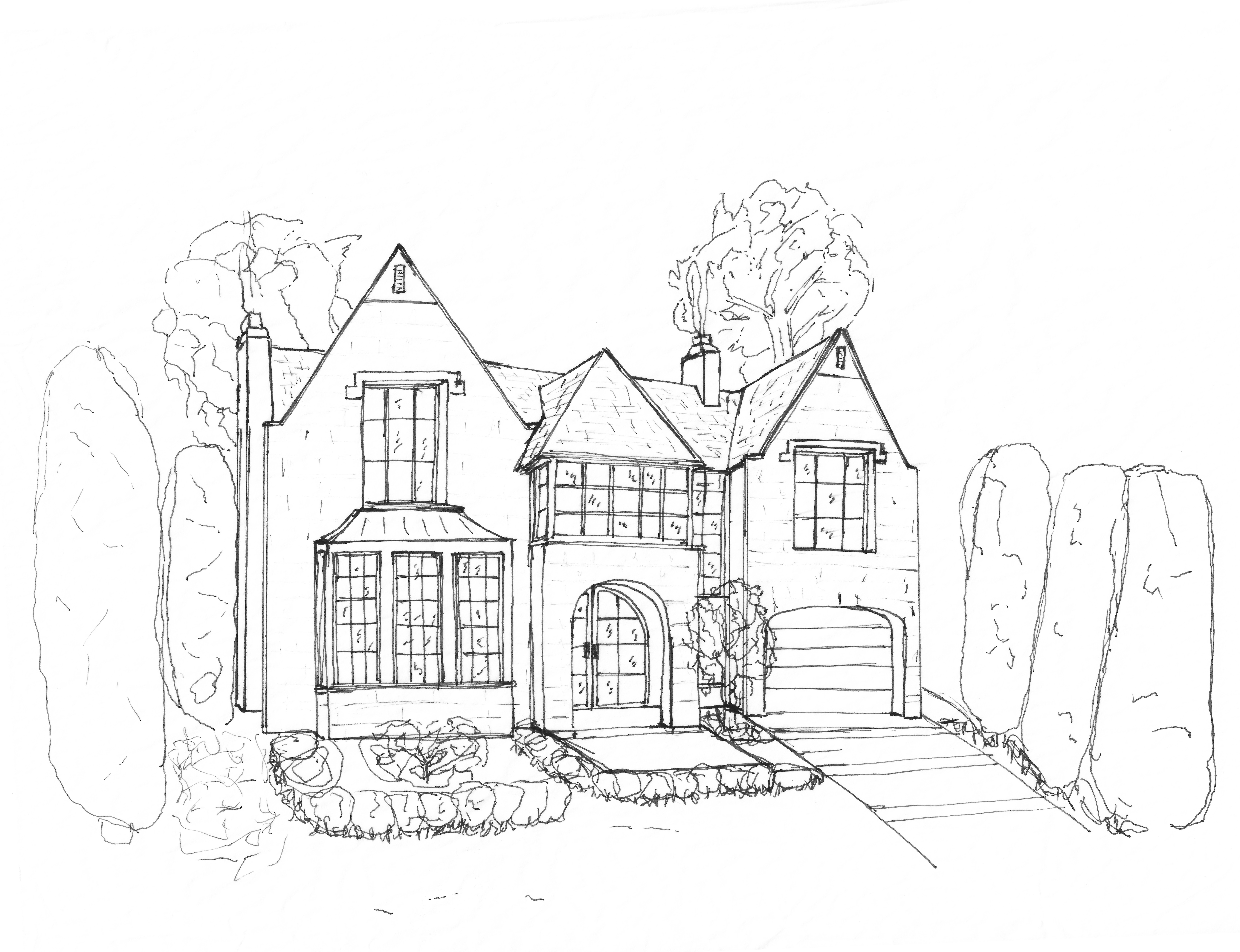 Hand-drawn elevation of the Tudor Revival front facade