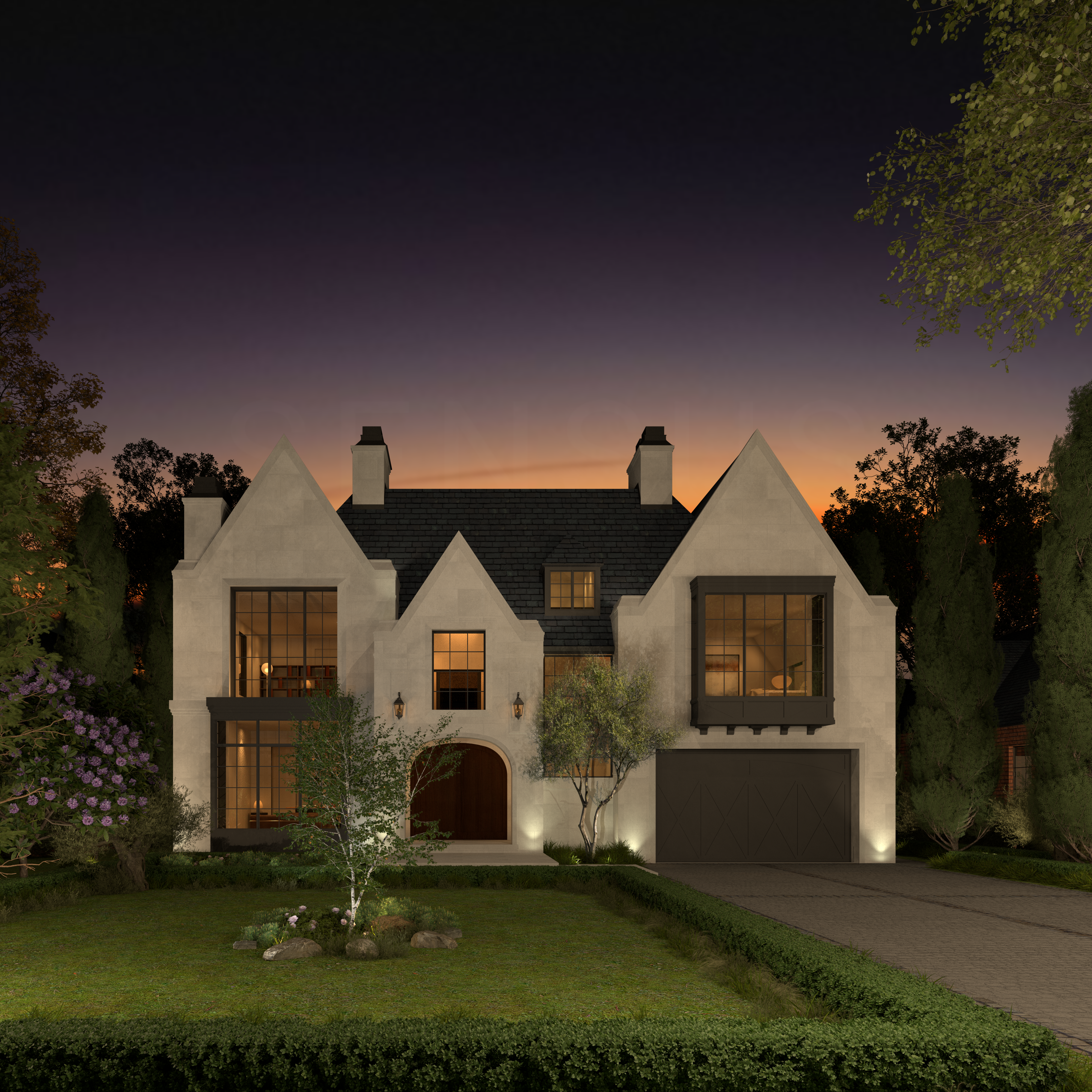 Contemporary Tudor Revival front facade illuminated at night
