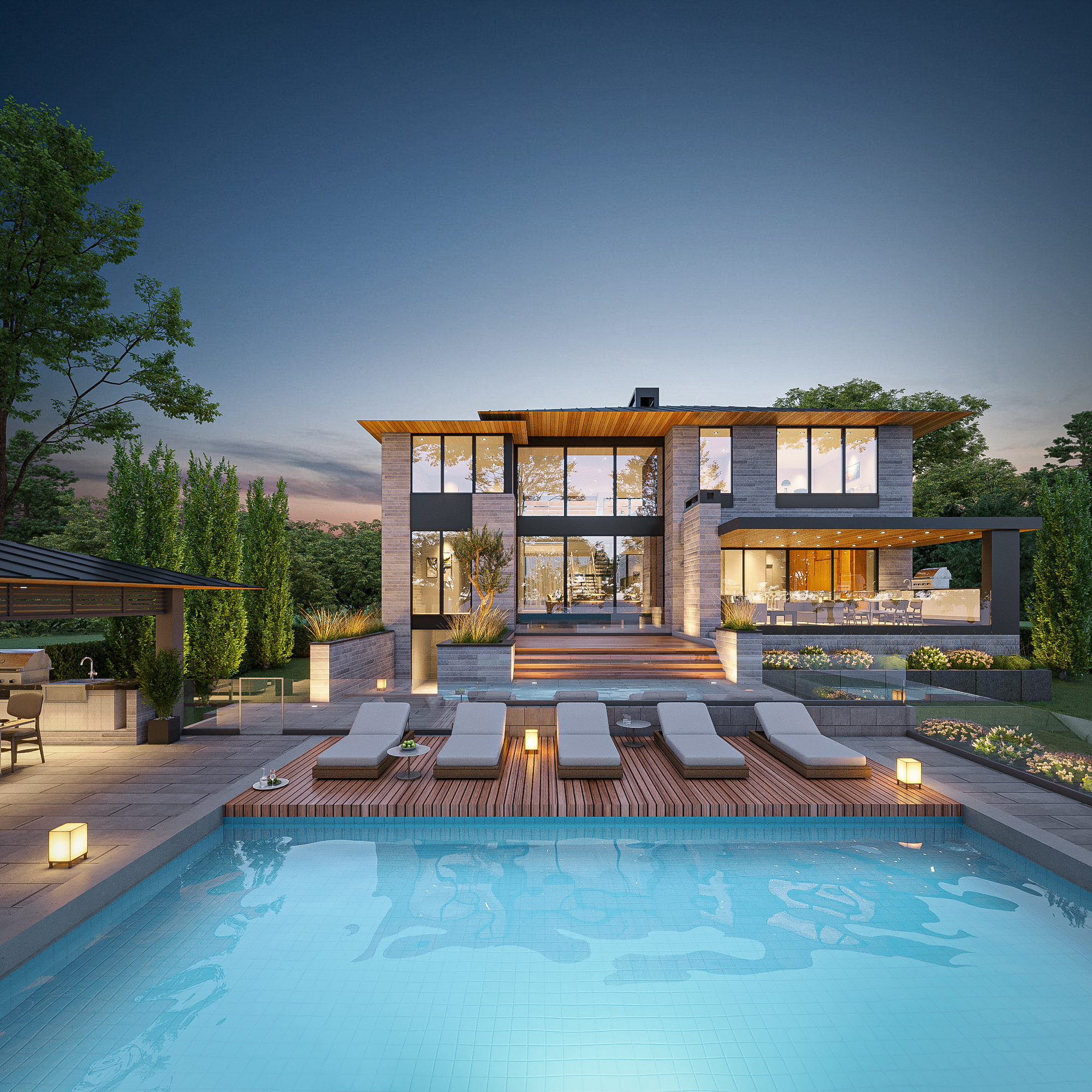 Rear pool terrace of the contemporary Japanese Prairie home