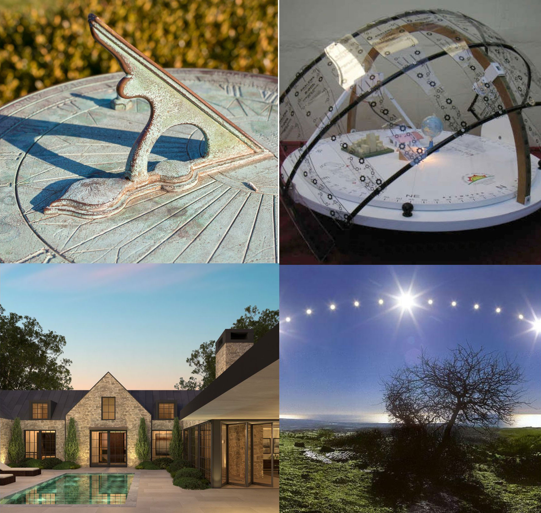 Collage of sun-study instruments and architectural lighting views