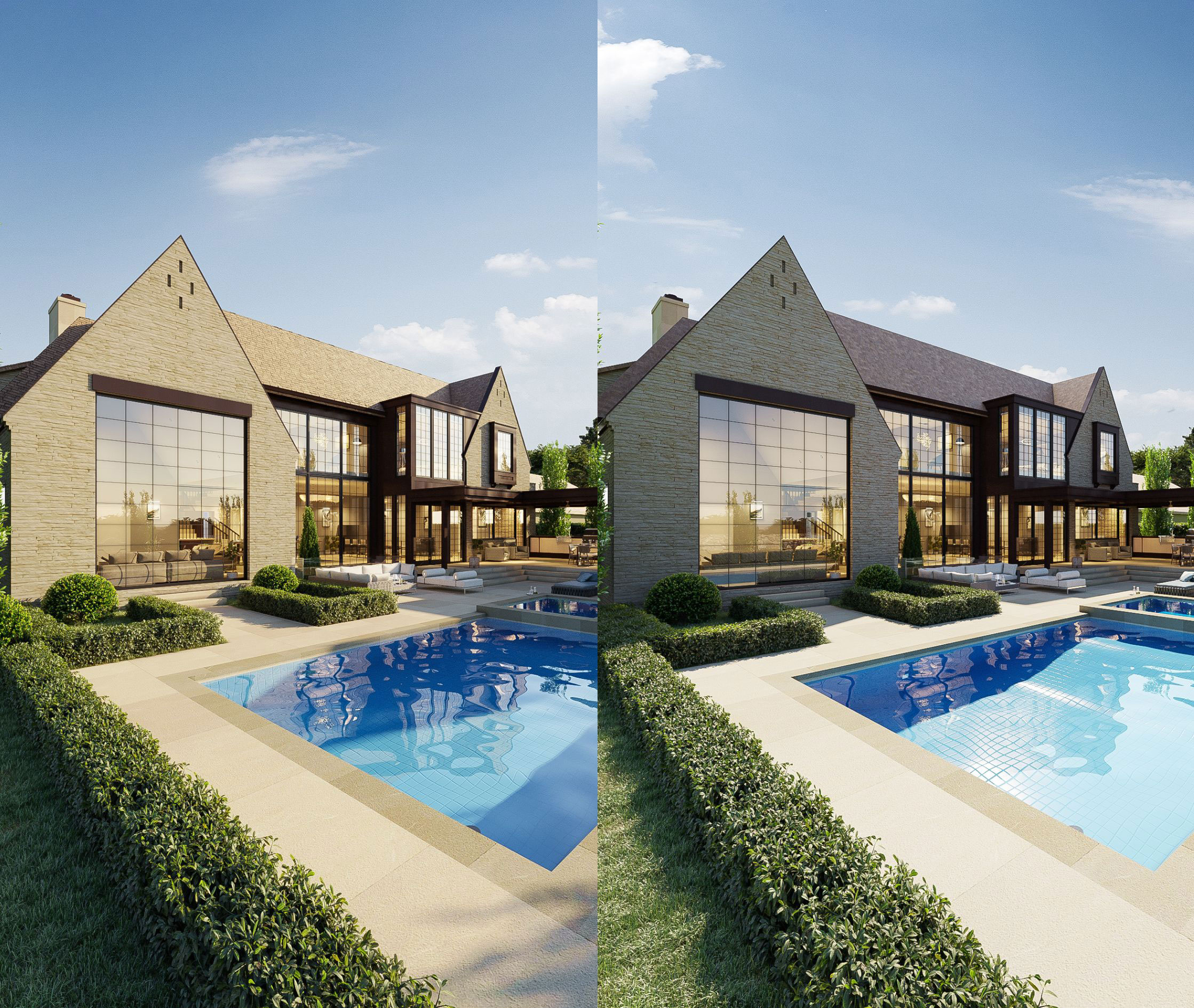 Paired views of a stone home and pool in different light