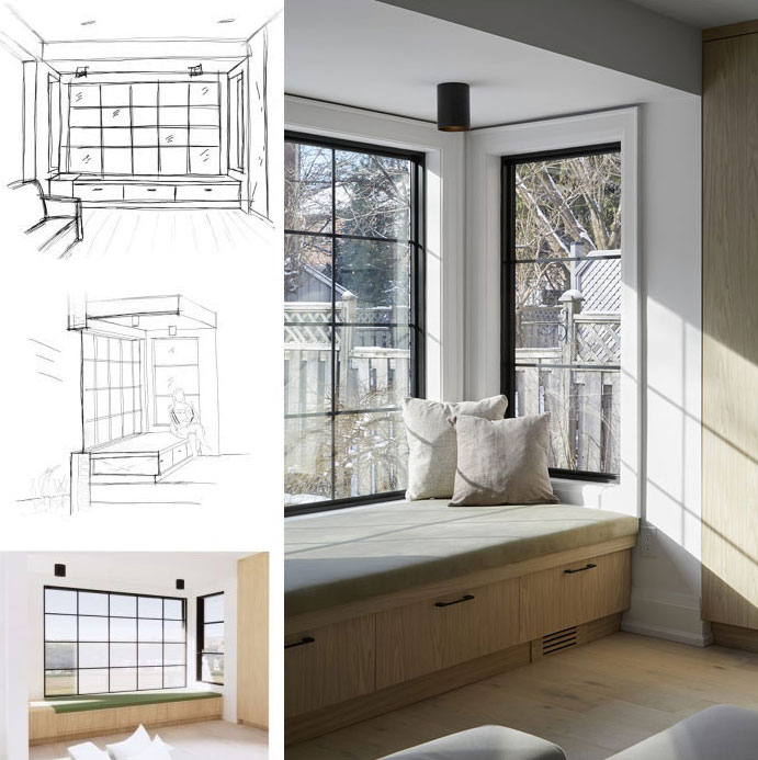 Window-seat drawings paired with a sunlit interior photograph