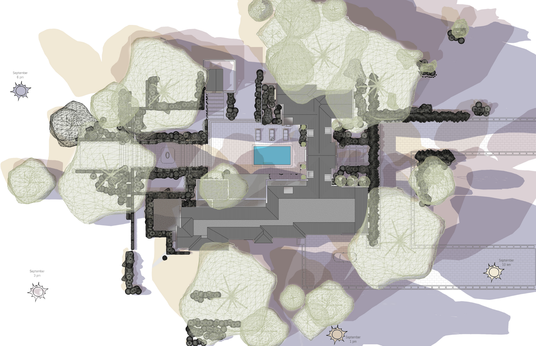 Landscape plan showing overlapping sun and shadow studies