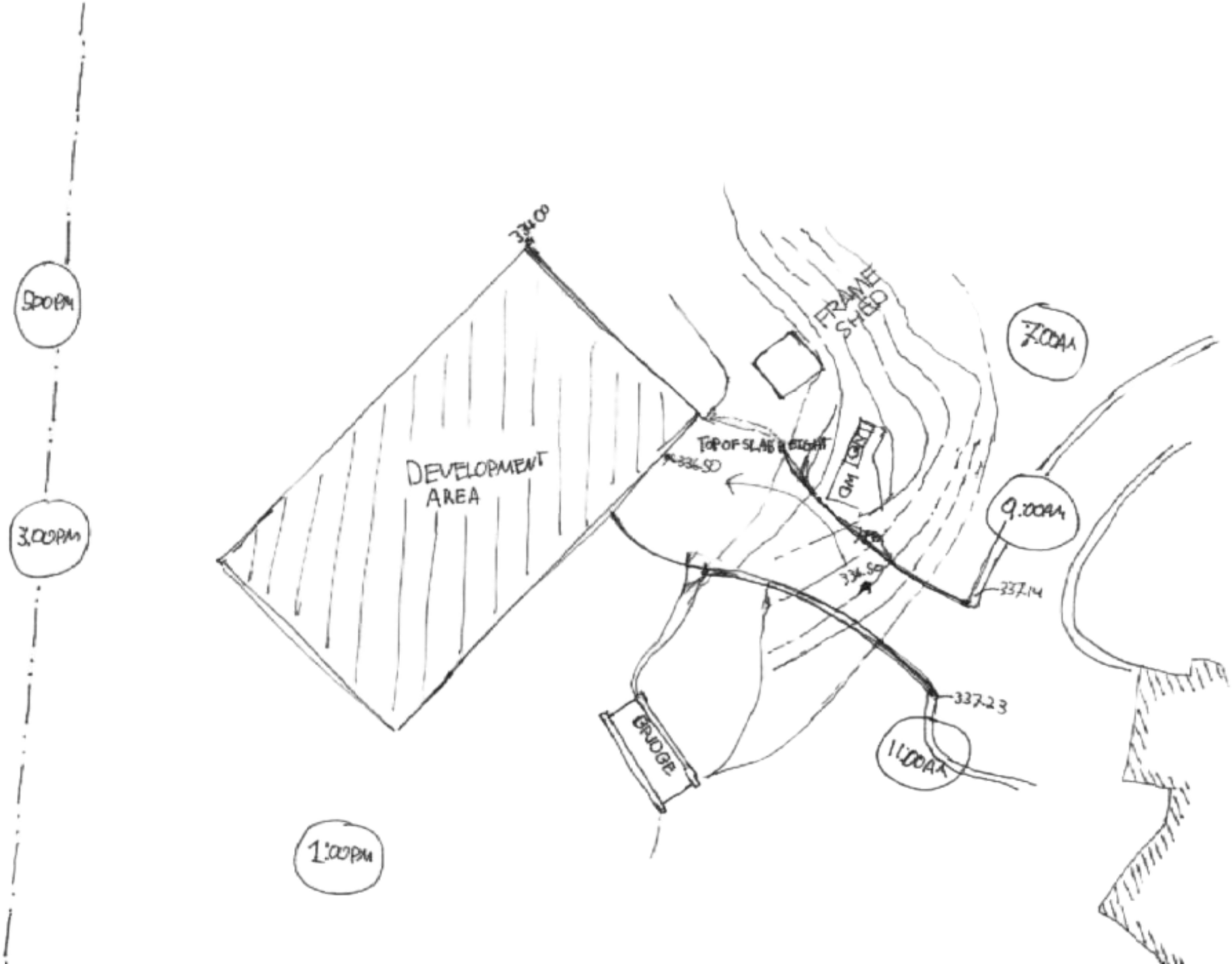 Hand-drawn diagram of sun angles around a building