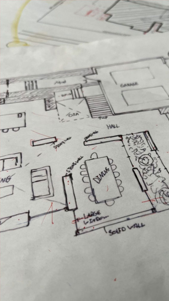 Hand-drawn floor plan and interior layout details