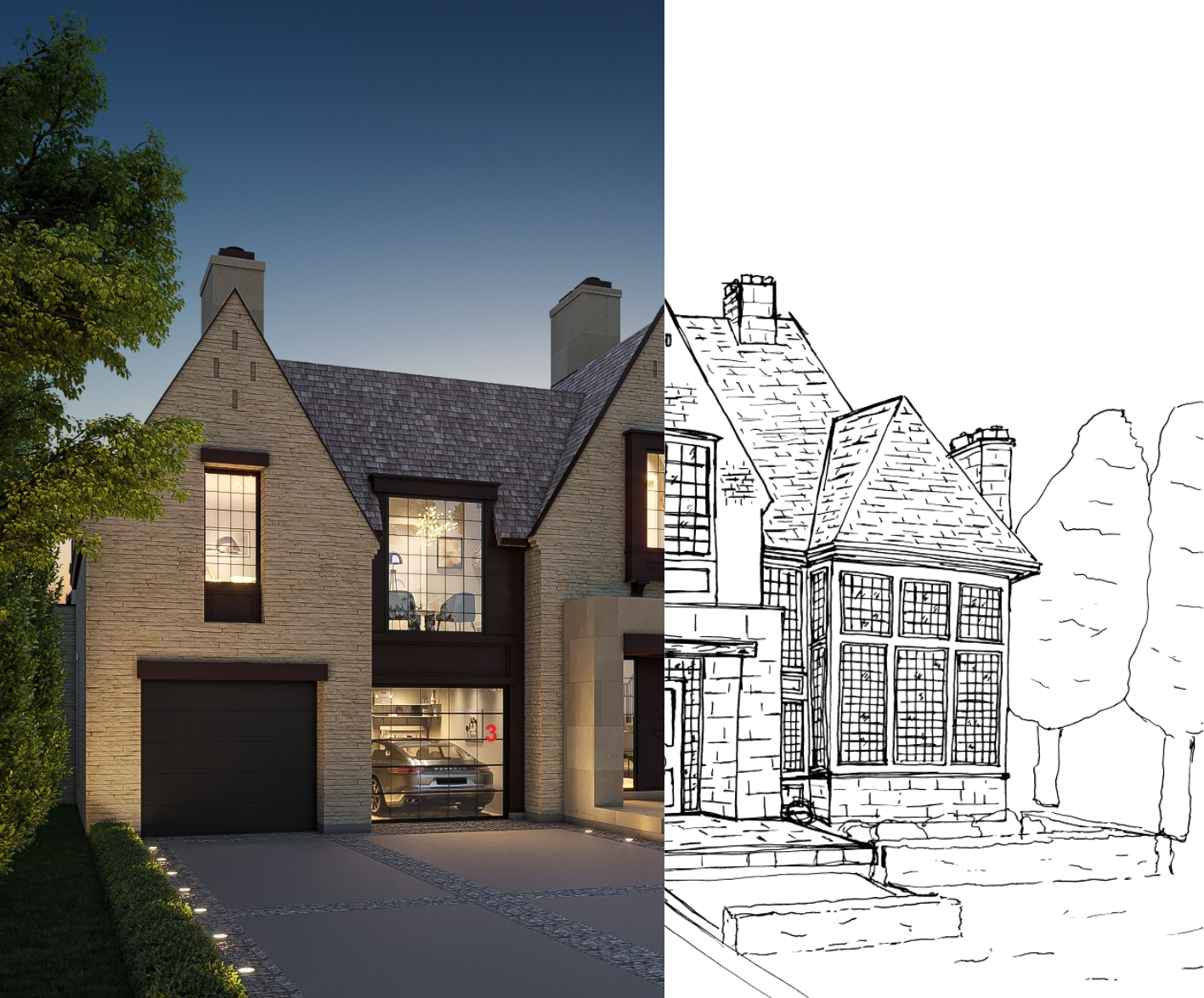 Gabled stone entrance shown as a rendering and architectural sketch