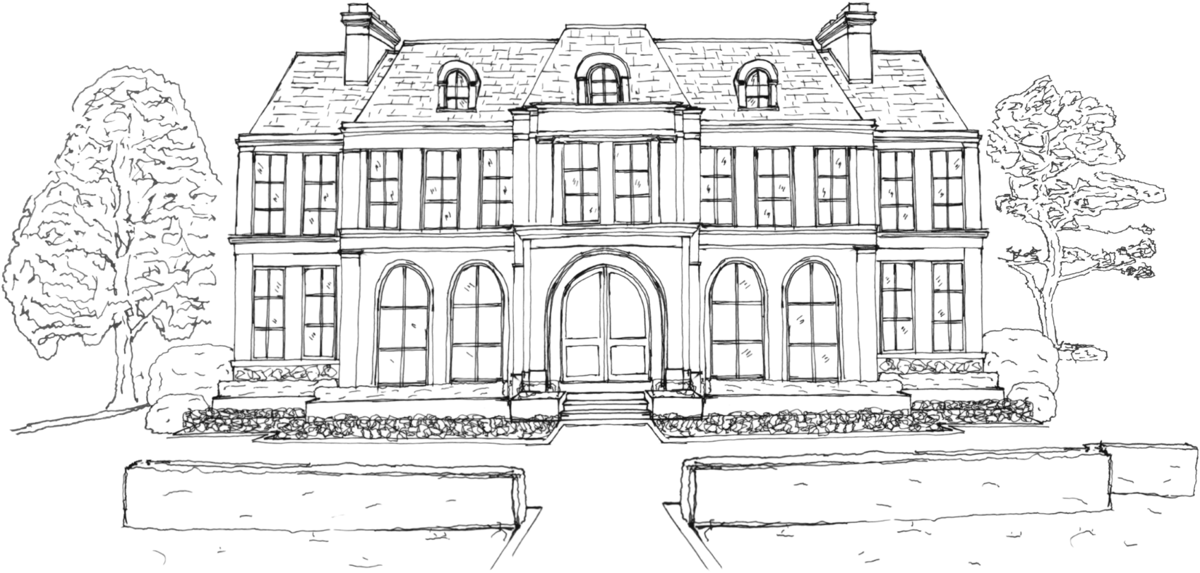 Hand-drawn elevation of a symmetrical manor