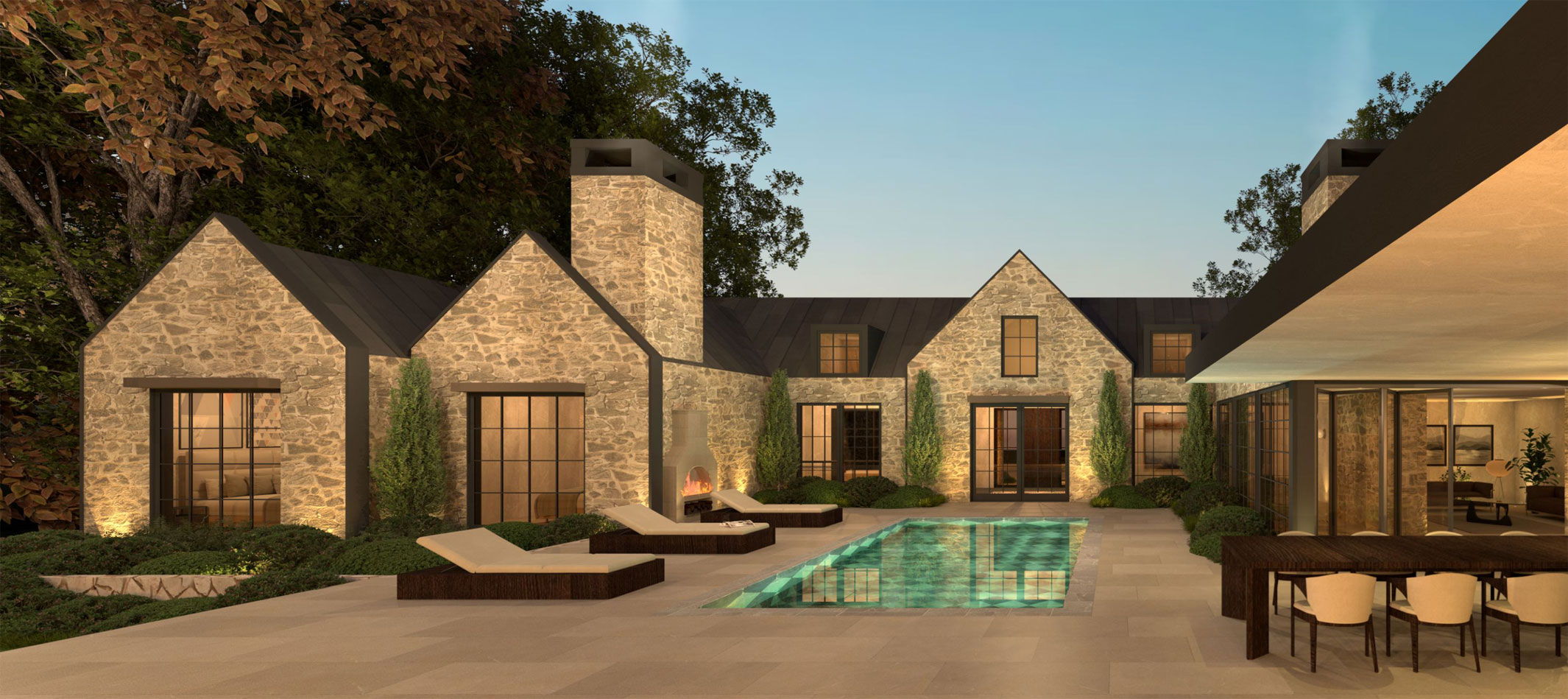 Design rendering of a stone home, swimming pool and covered terrace
