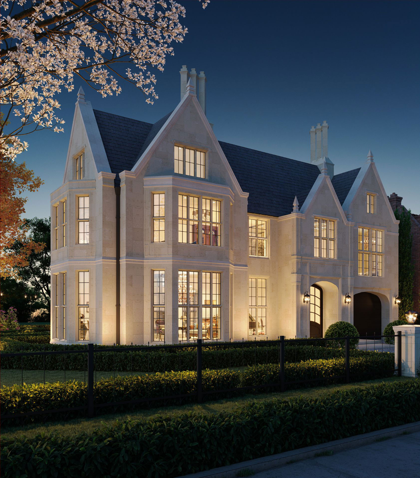 Evening rendering of a manor with illuminated windows