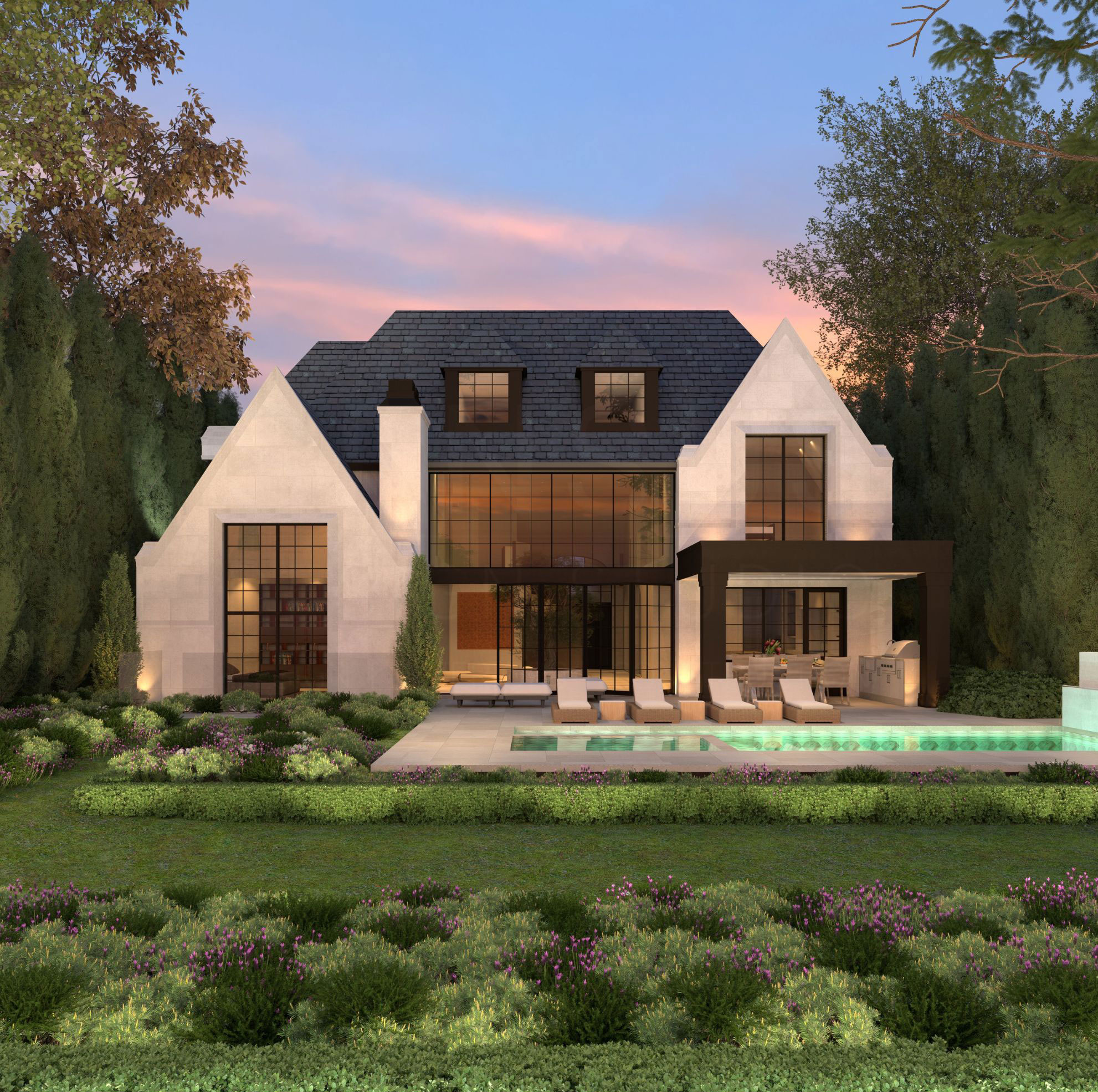 Gabled home and swimming pool beyond planted beds