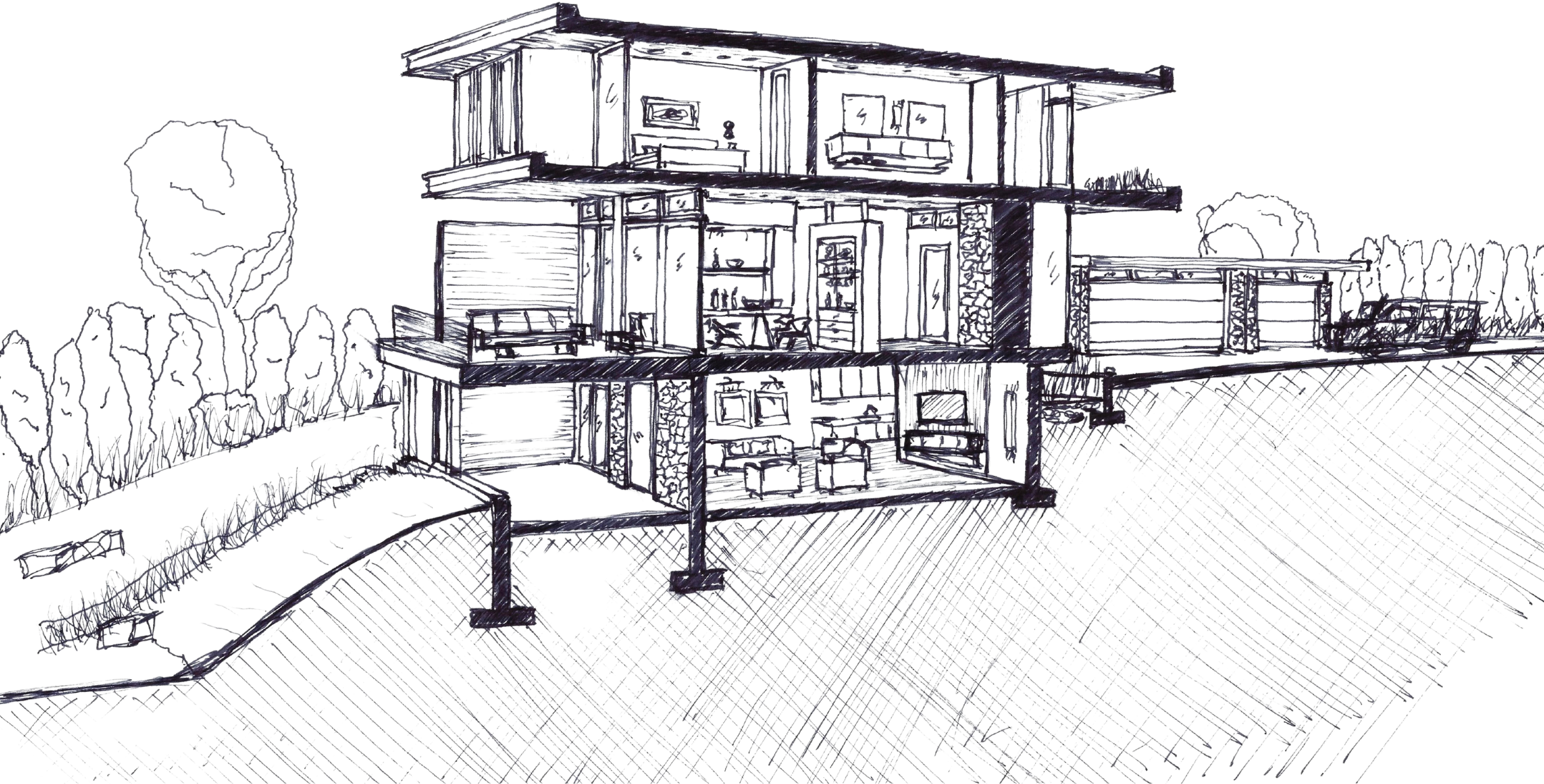 Perspective sketch of a contemporary glazed home