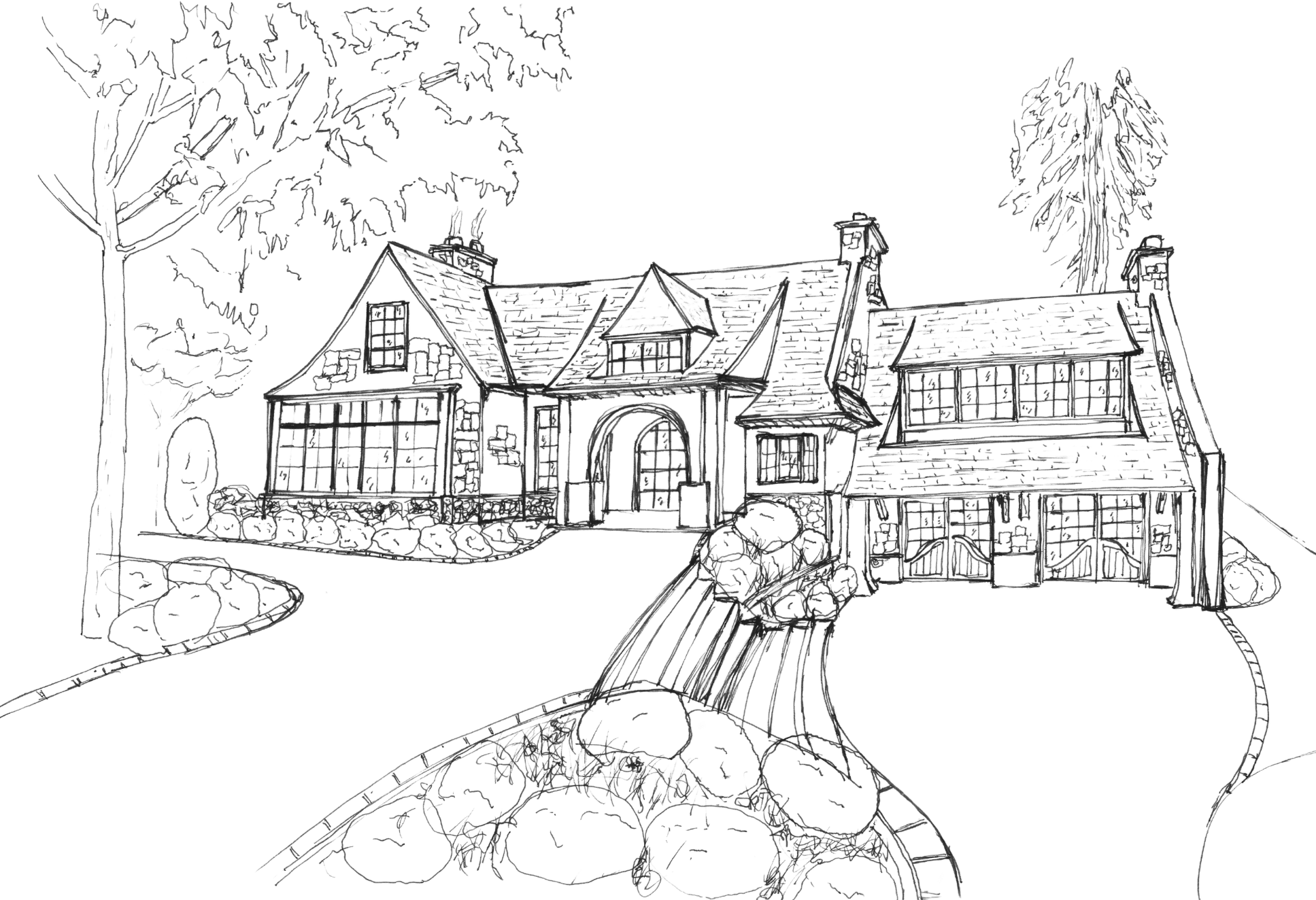 Perspective sketch of a traditional gabled home