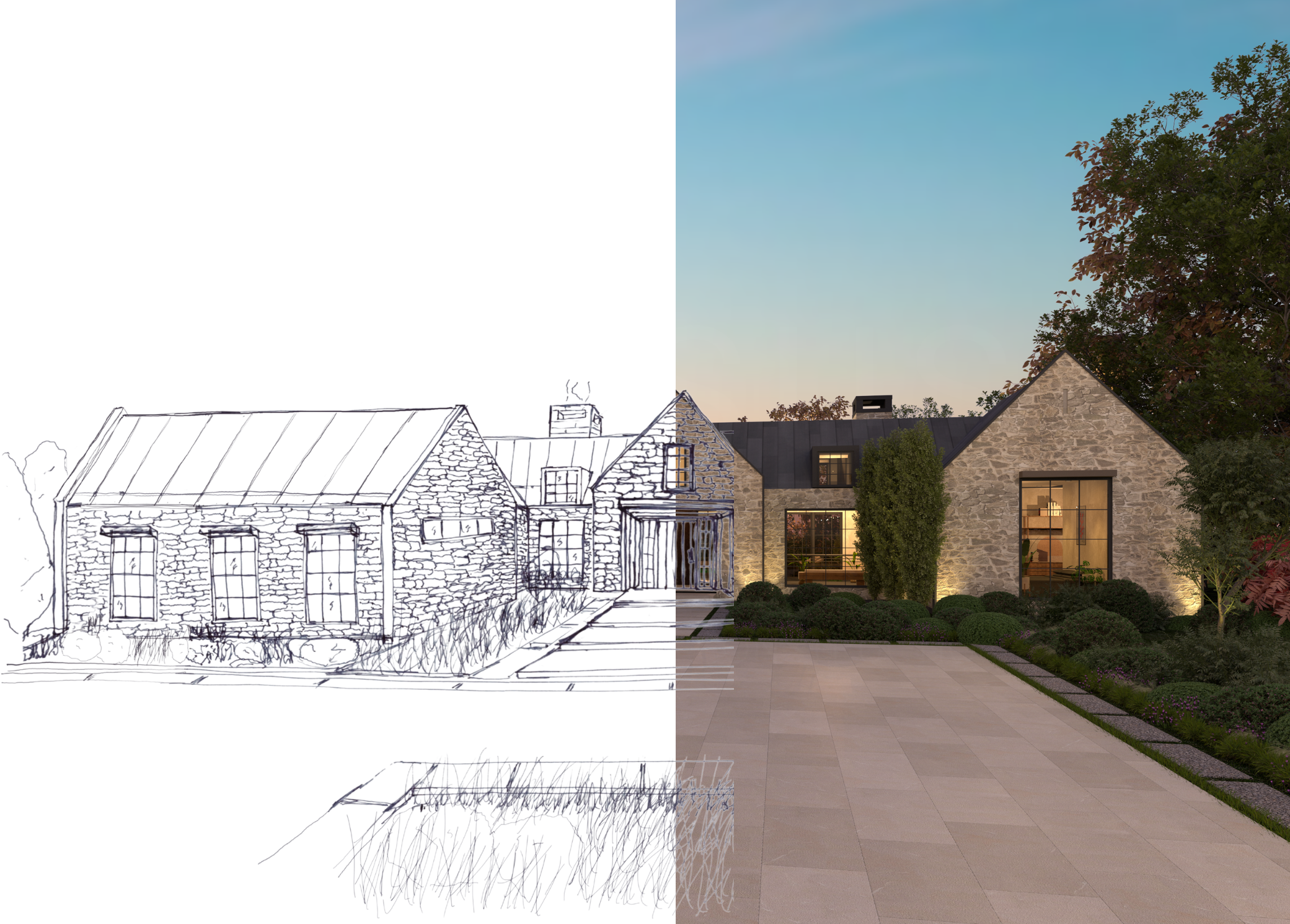 Stone home shown as an architectural sketch and finished design rendering