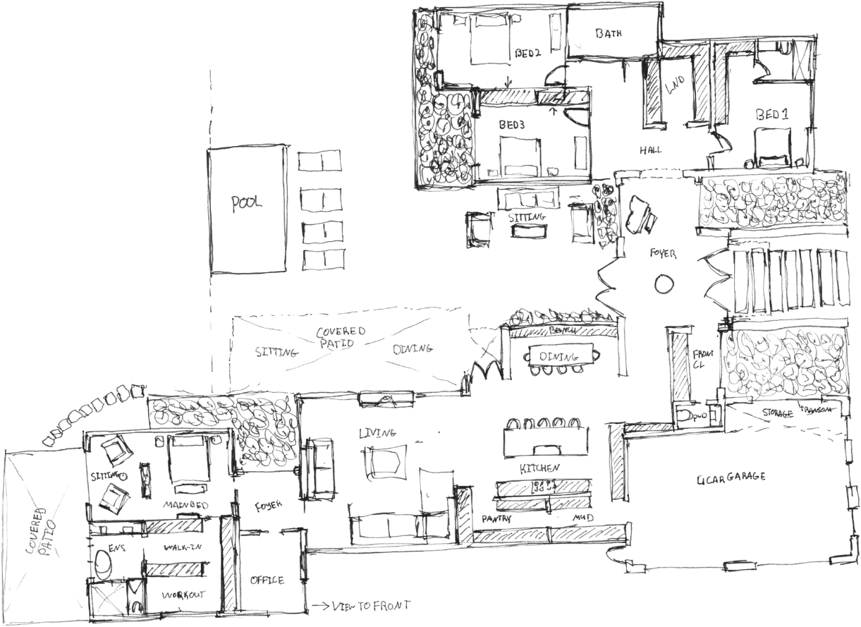 Hand-drawn floor plans and room arrangements