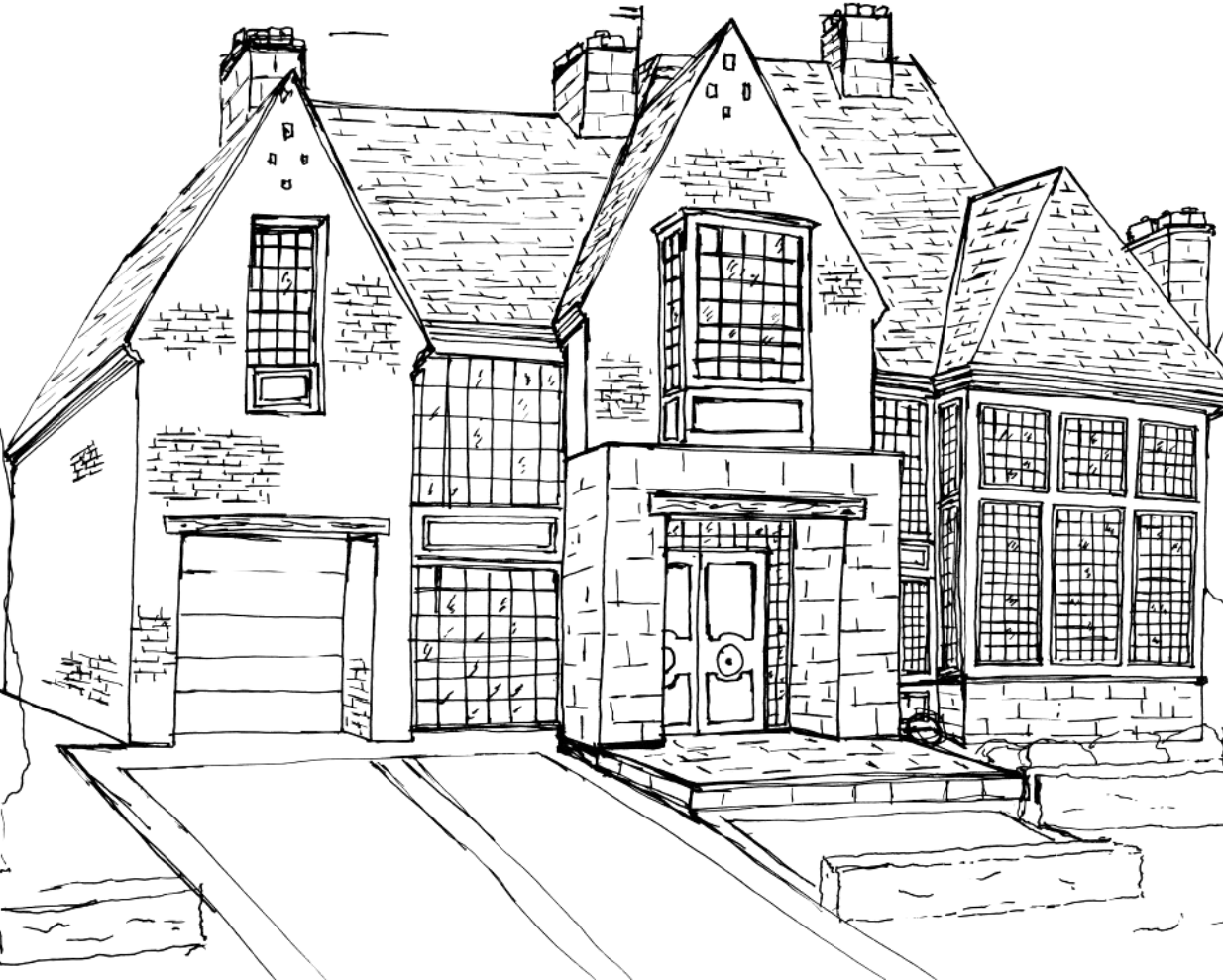 Perspective sketch of a gabled stone home
