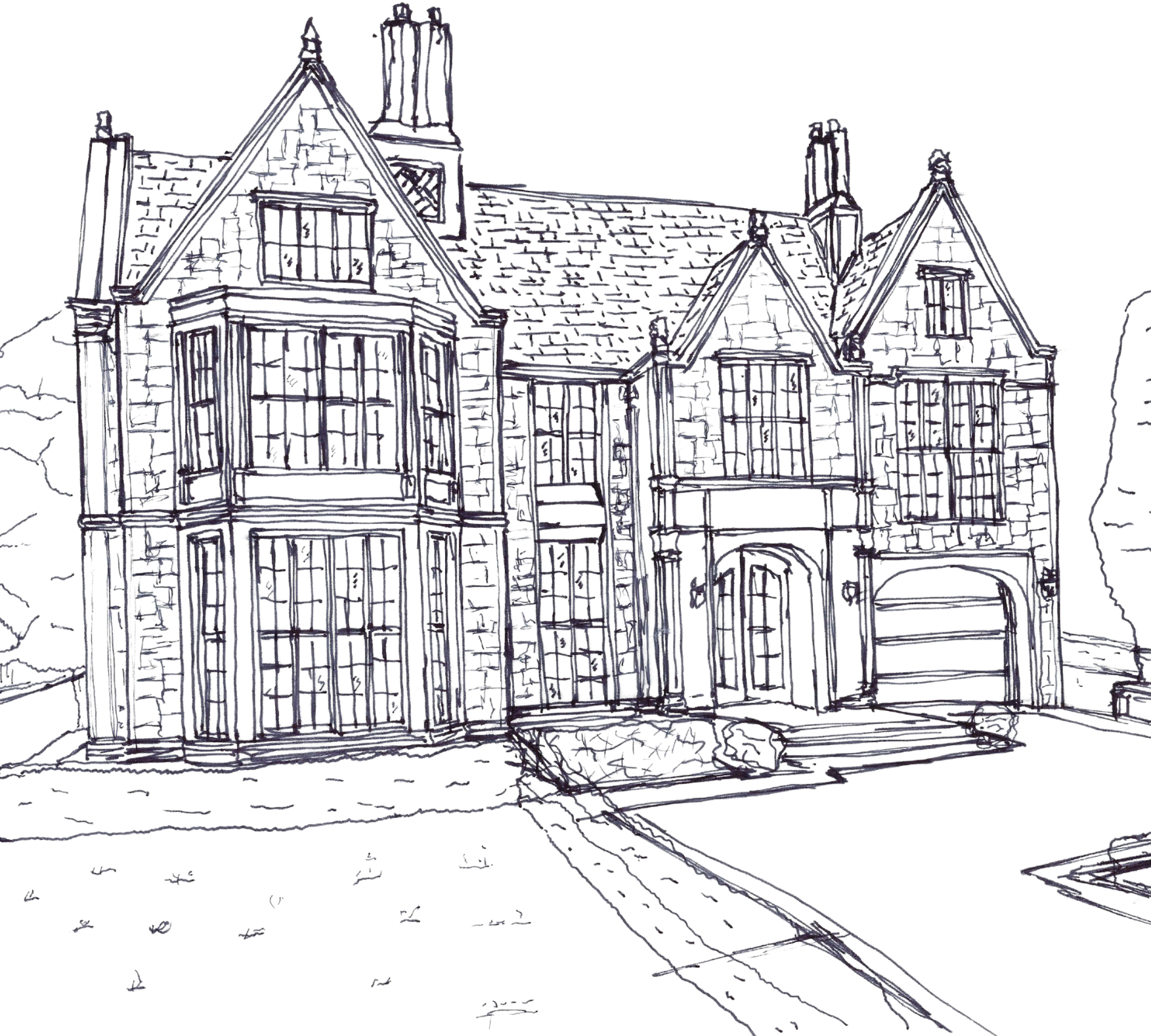 Perspective sketch of a steep-roofed manor with tall windows