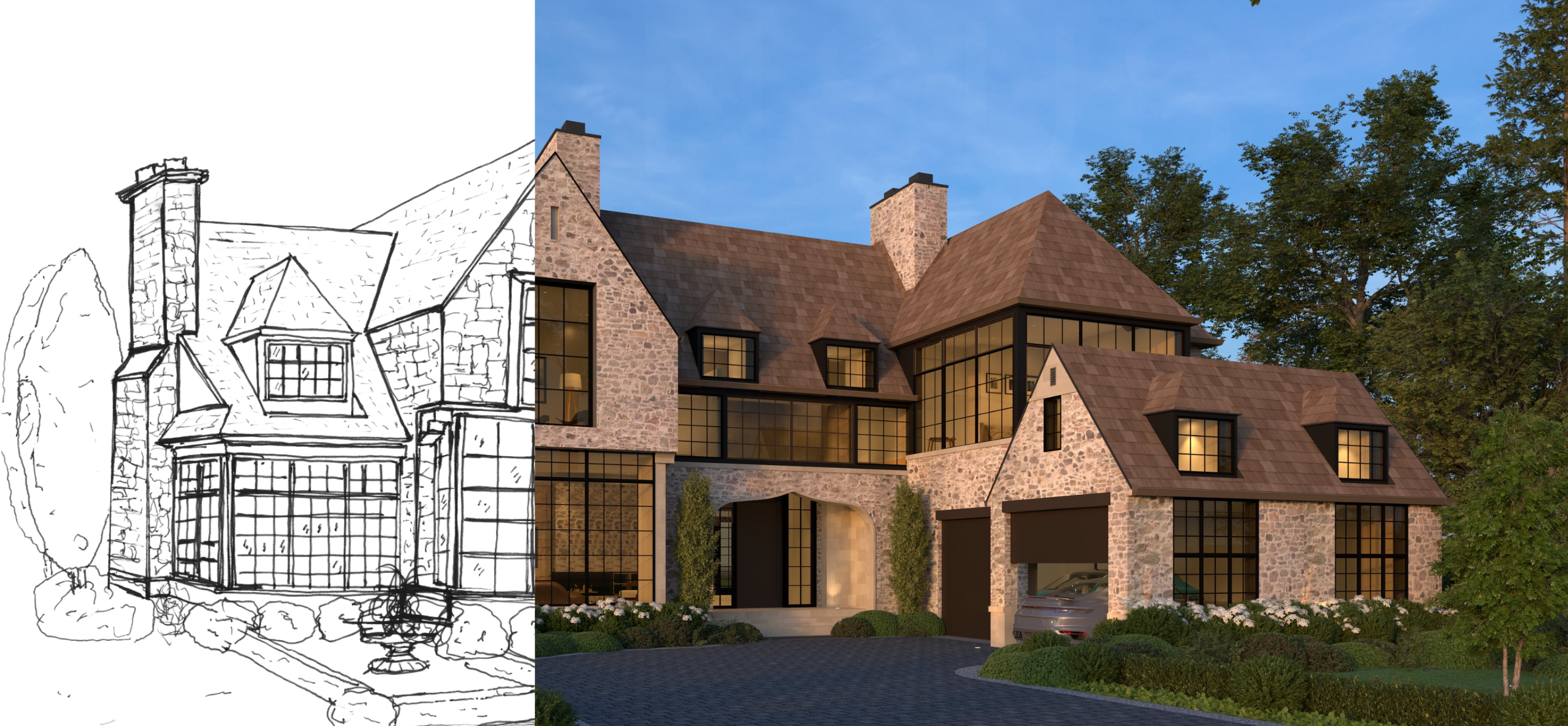 Gabled home shown as a sketch beside its rendered design
