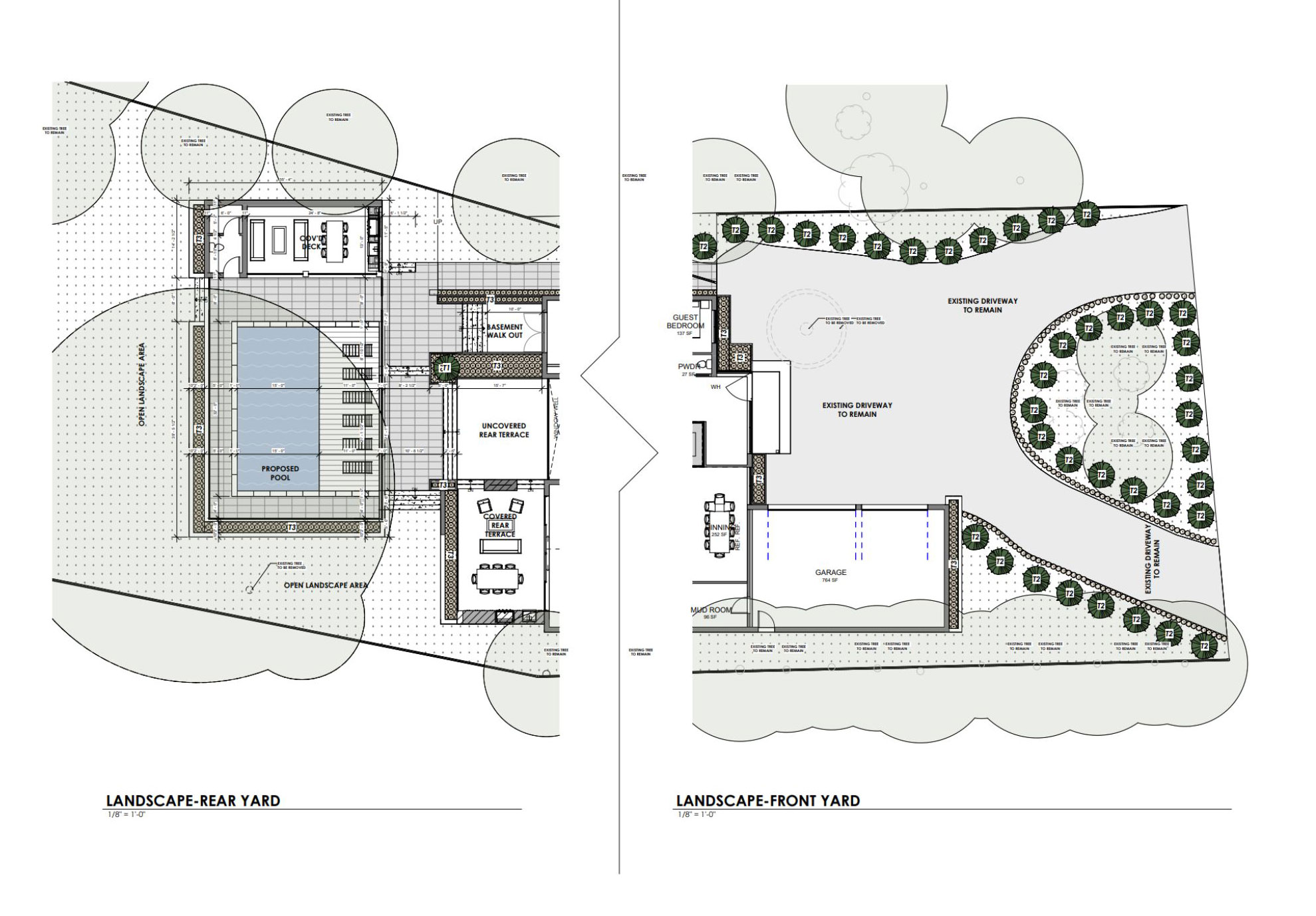 Paired landscape plans showing pools and planting layouts