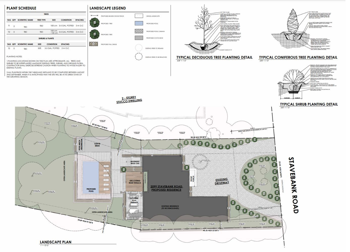 Annotated site plan with tree details and landscape notes