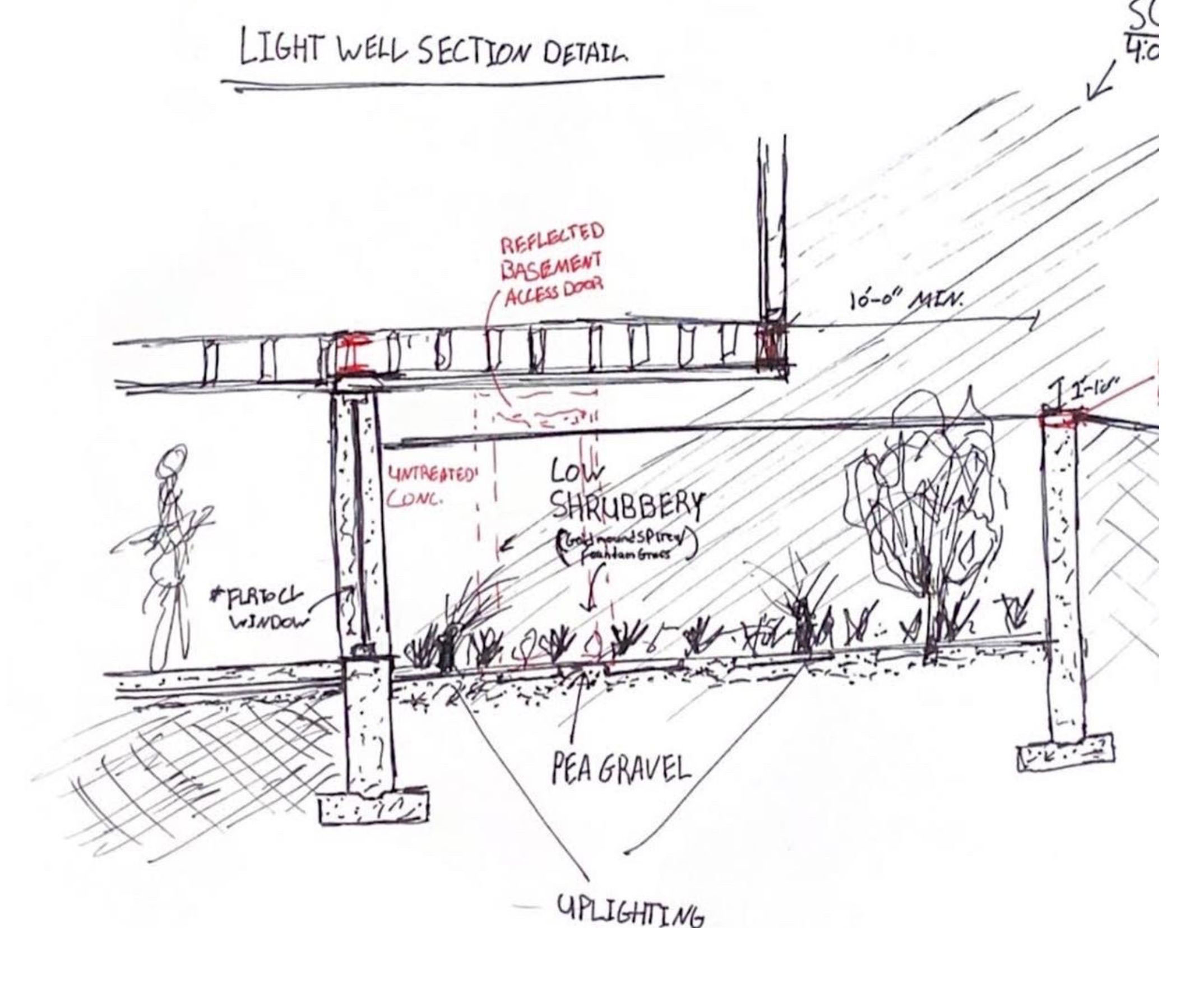 Section sketch showing a light well and lower-level windows