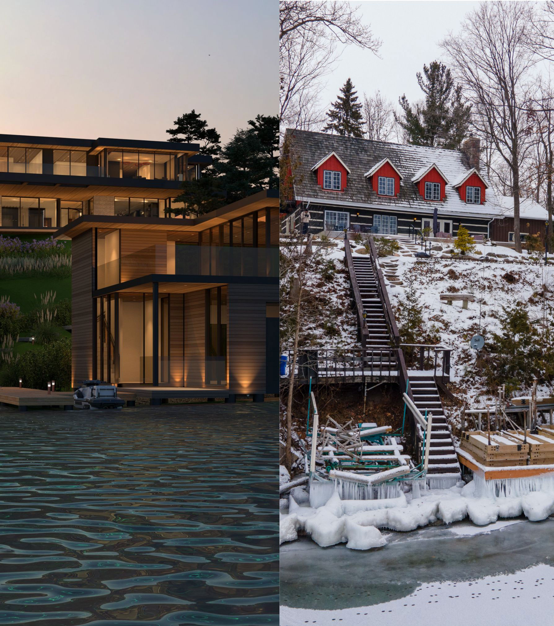 Paired views of a modern home and a snowy traditional facade