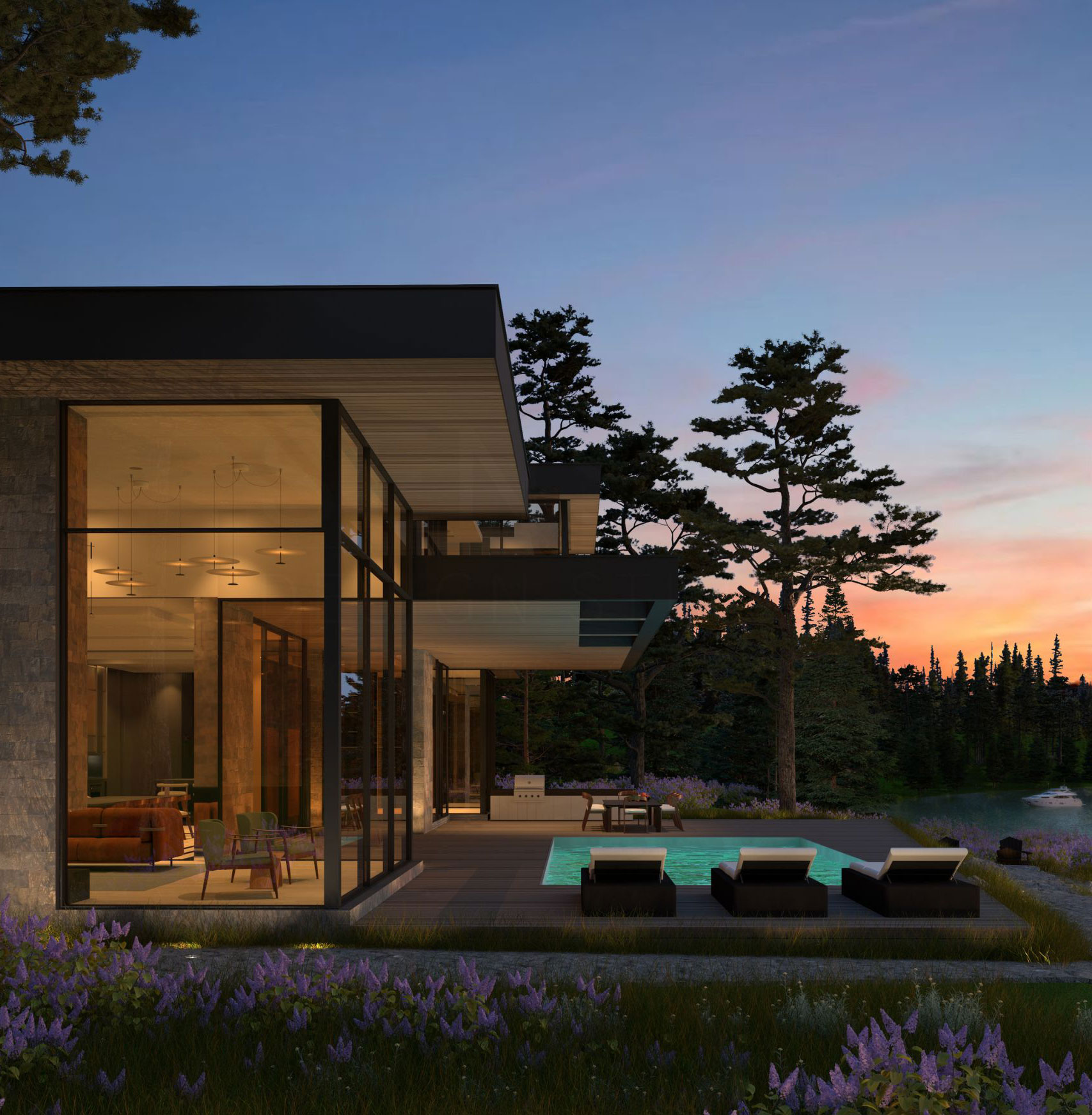 Illuminated contemporary home beside an outdoor pool