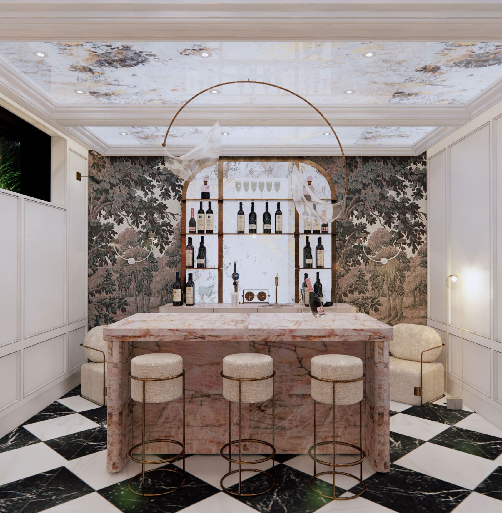 Curved stone bar within an ornate interior