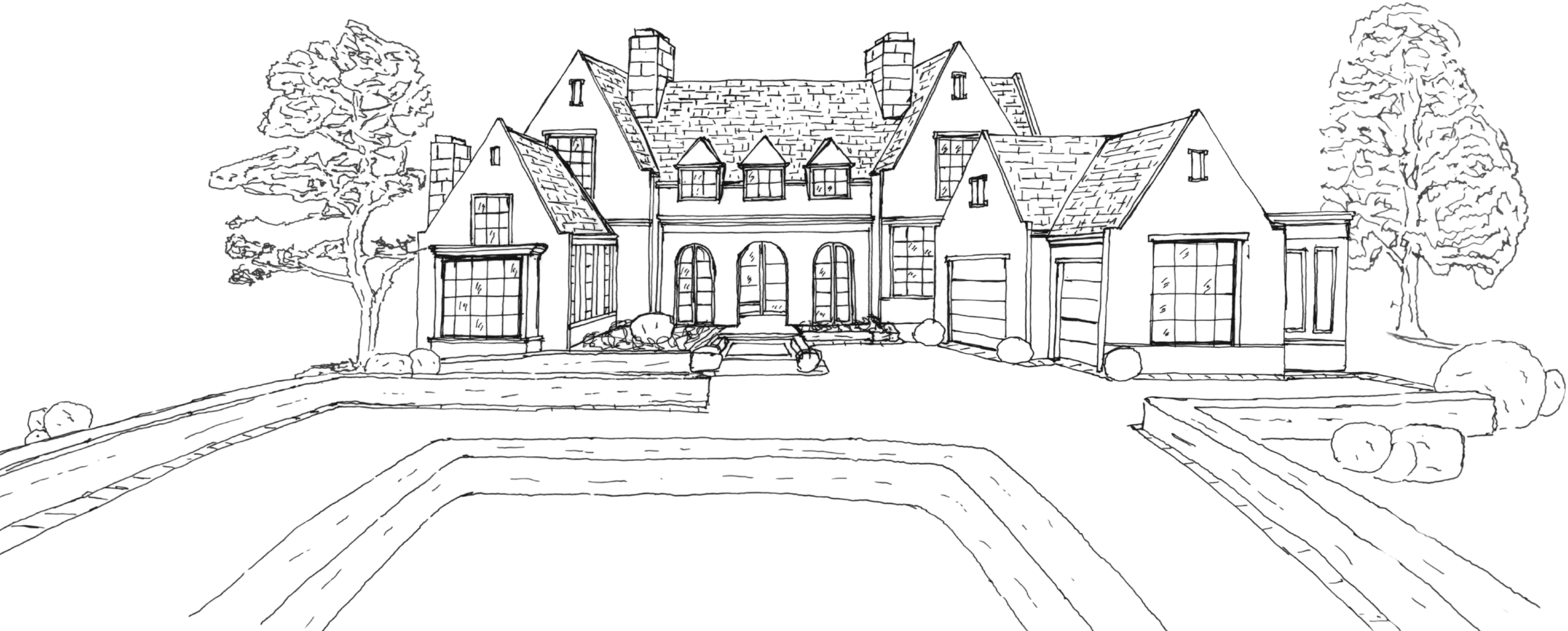 Hand-drawn elevation of a traditional custom home