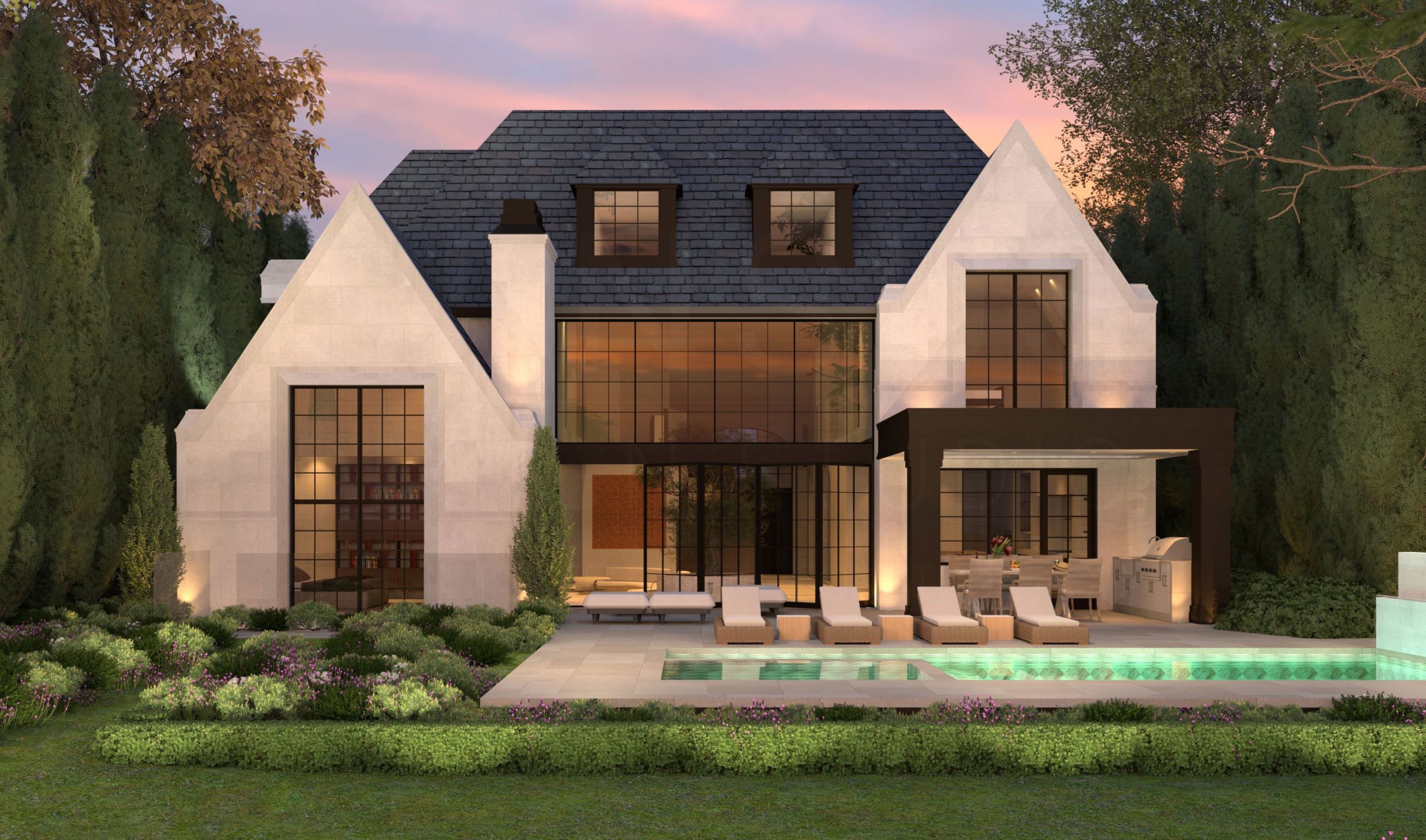 Rear facade of a gabled home beside a swimming pool