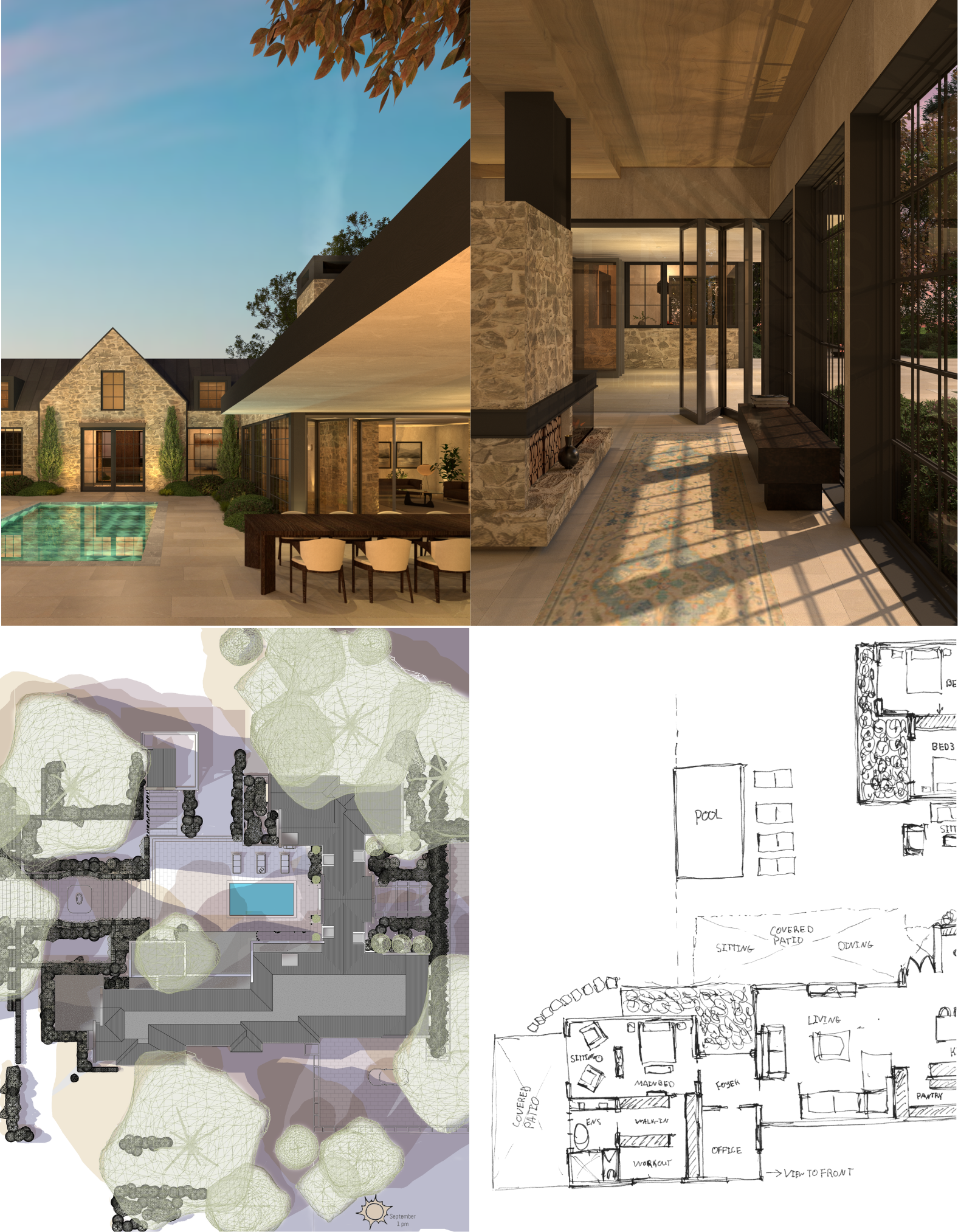 Collage of a stone courtyard, landscape plan and floor plan