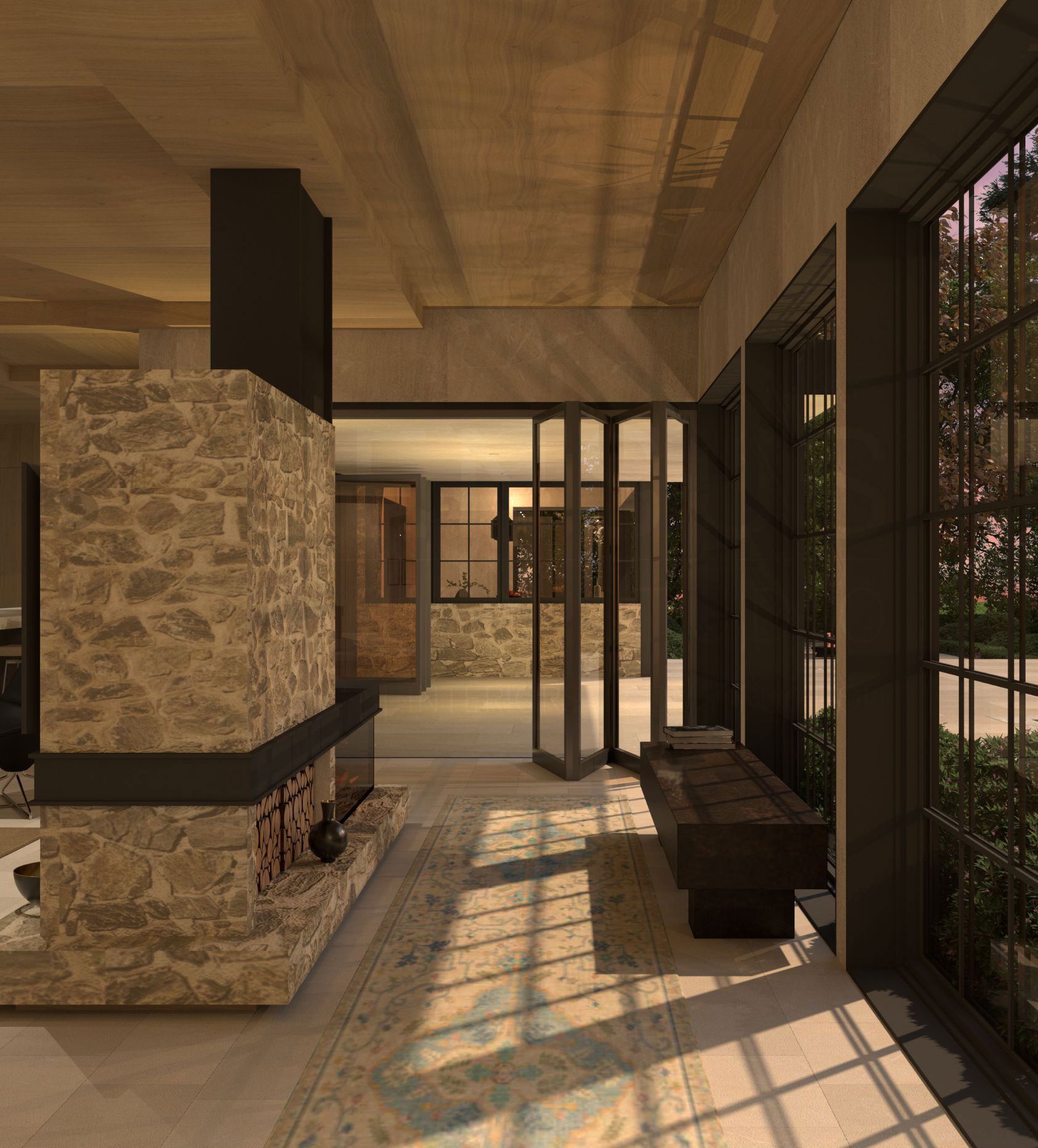 Interior stone fireplace beneath a timber ceiling