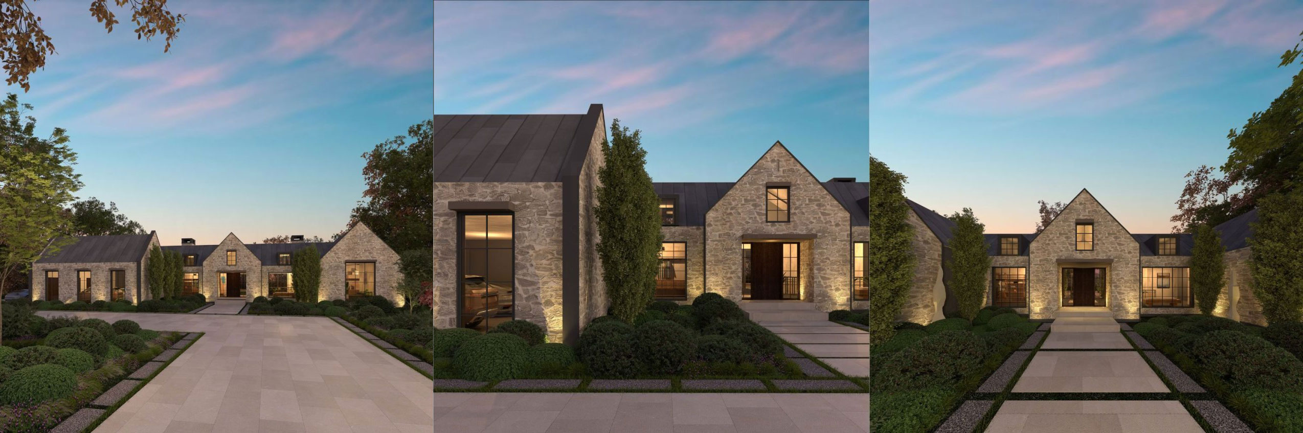 Panoramic collage of a stone home and landscaped grounds