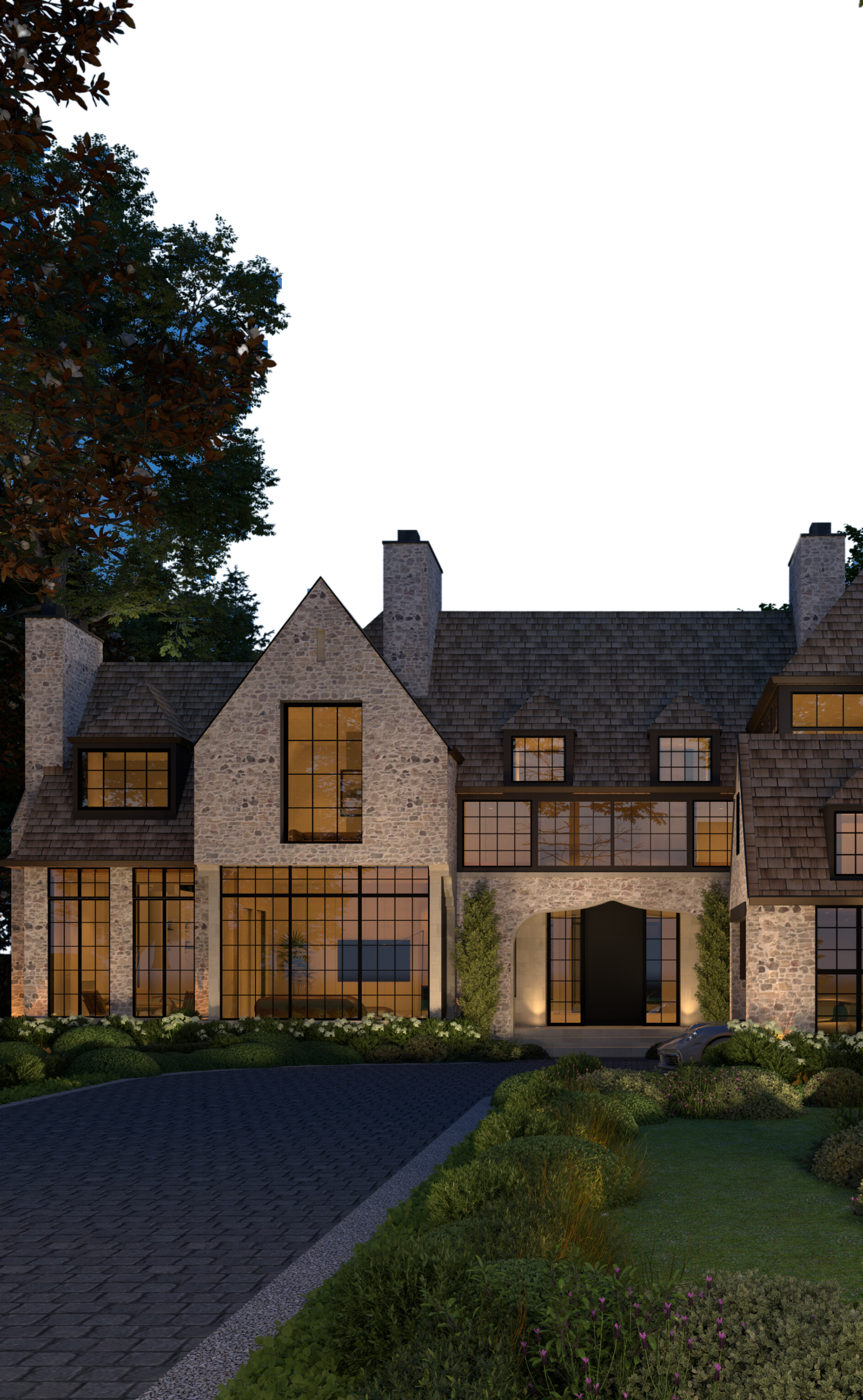 Stone facade and gabled entrance framed by trees