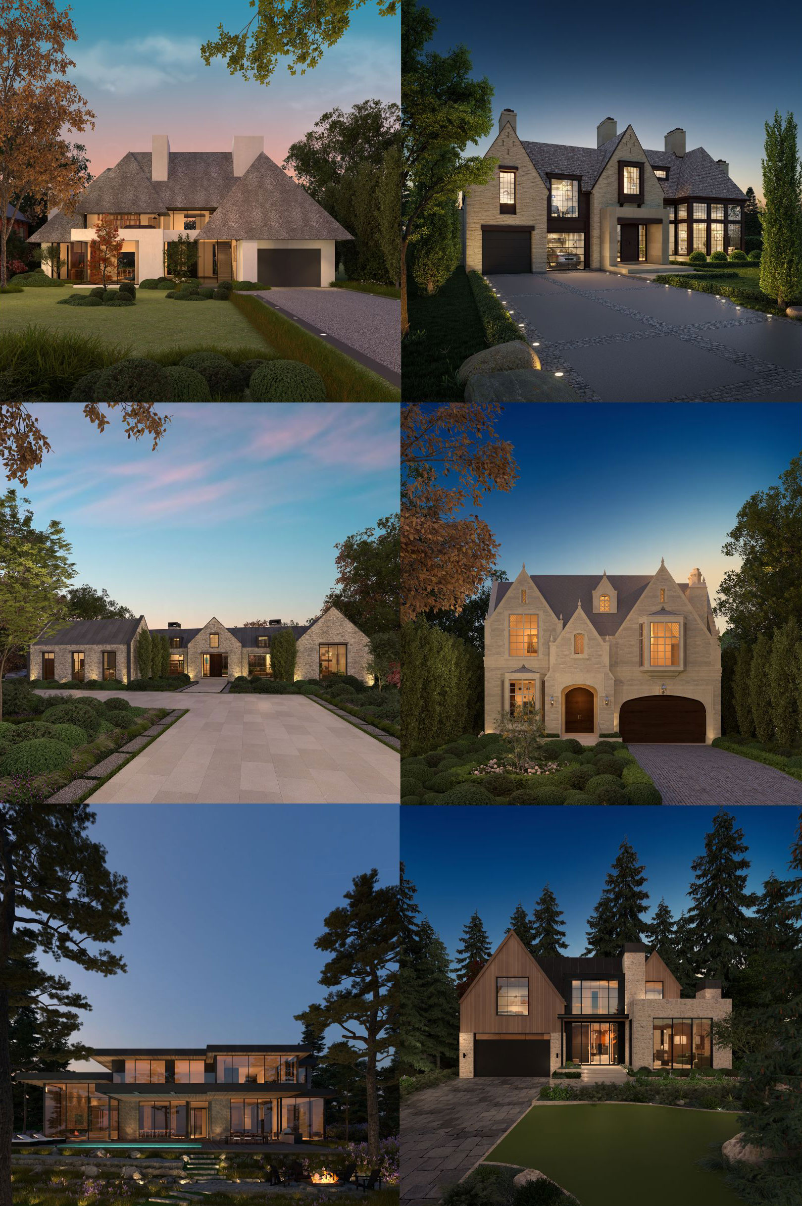 Collage of custom homes with contrasting architectural styles